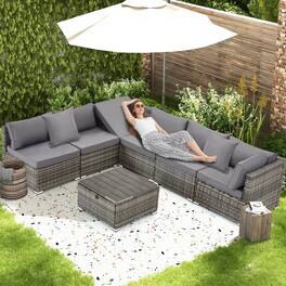 U-HOMY - 7-Piece Modular Outdoor Rattan Sofa Set – All-Weather Wicker Patio Furniture with Storage Table, Cushions & Pillows - Gray