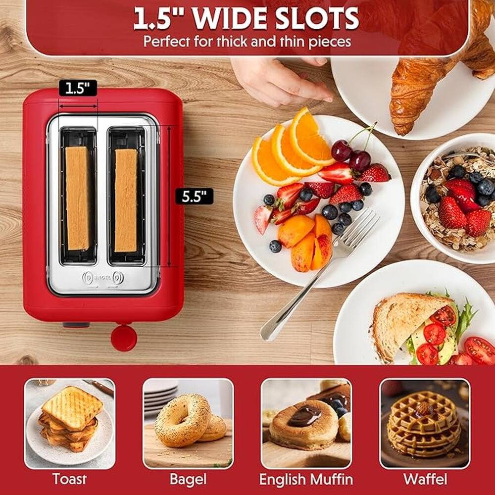 1.5" WIDE SLOTS  
Perfect for thick and thin pieces

1.5"  
5.5"

Toast  
Bagel  
English Muffin  
Waffle