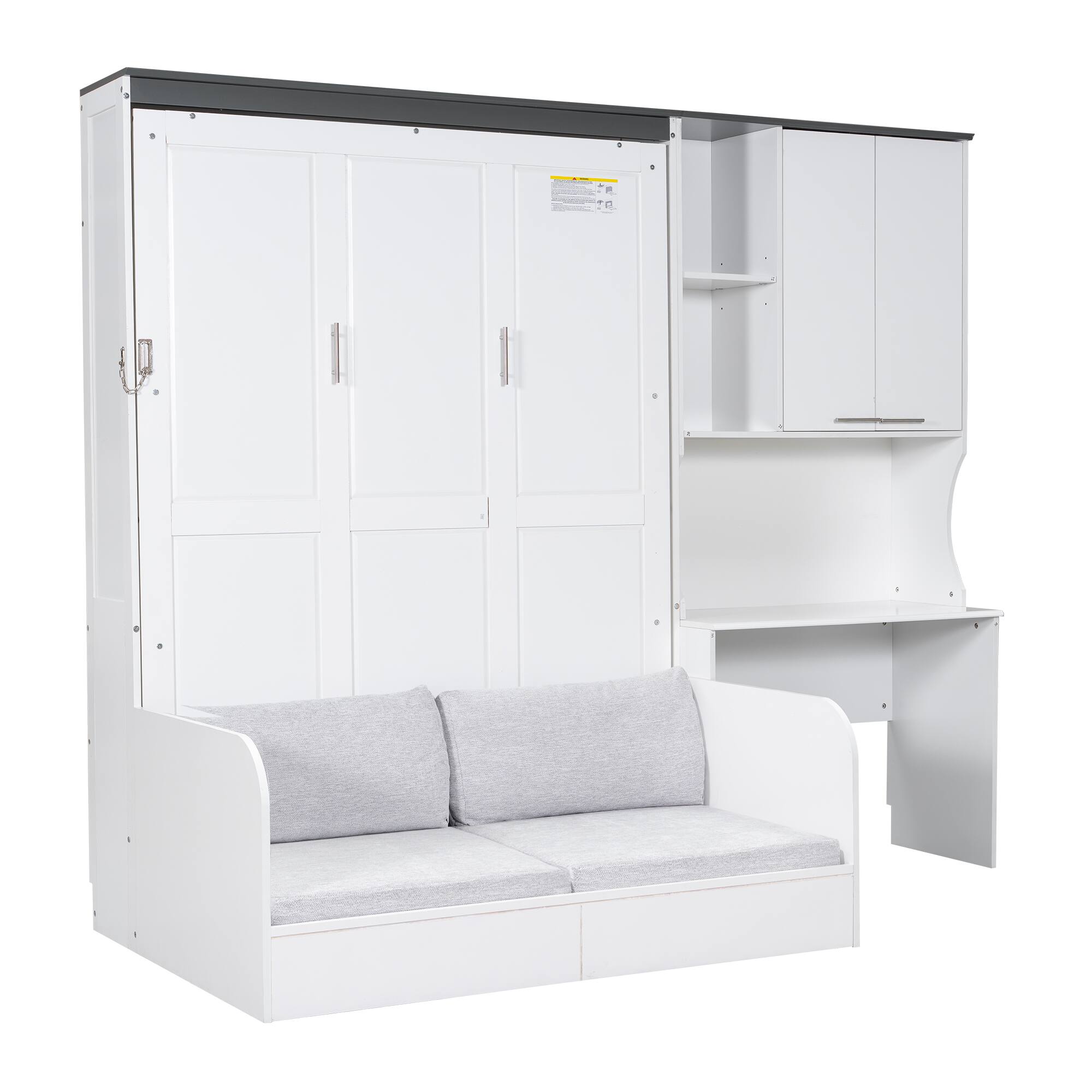 Angle. Whisen - Full Size Murphy Bed with Folding Sofa, Integrated Desk and Storage Cabinet, Space-Saving Bed - White.