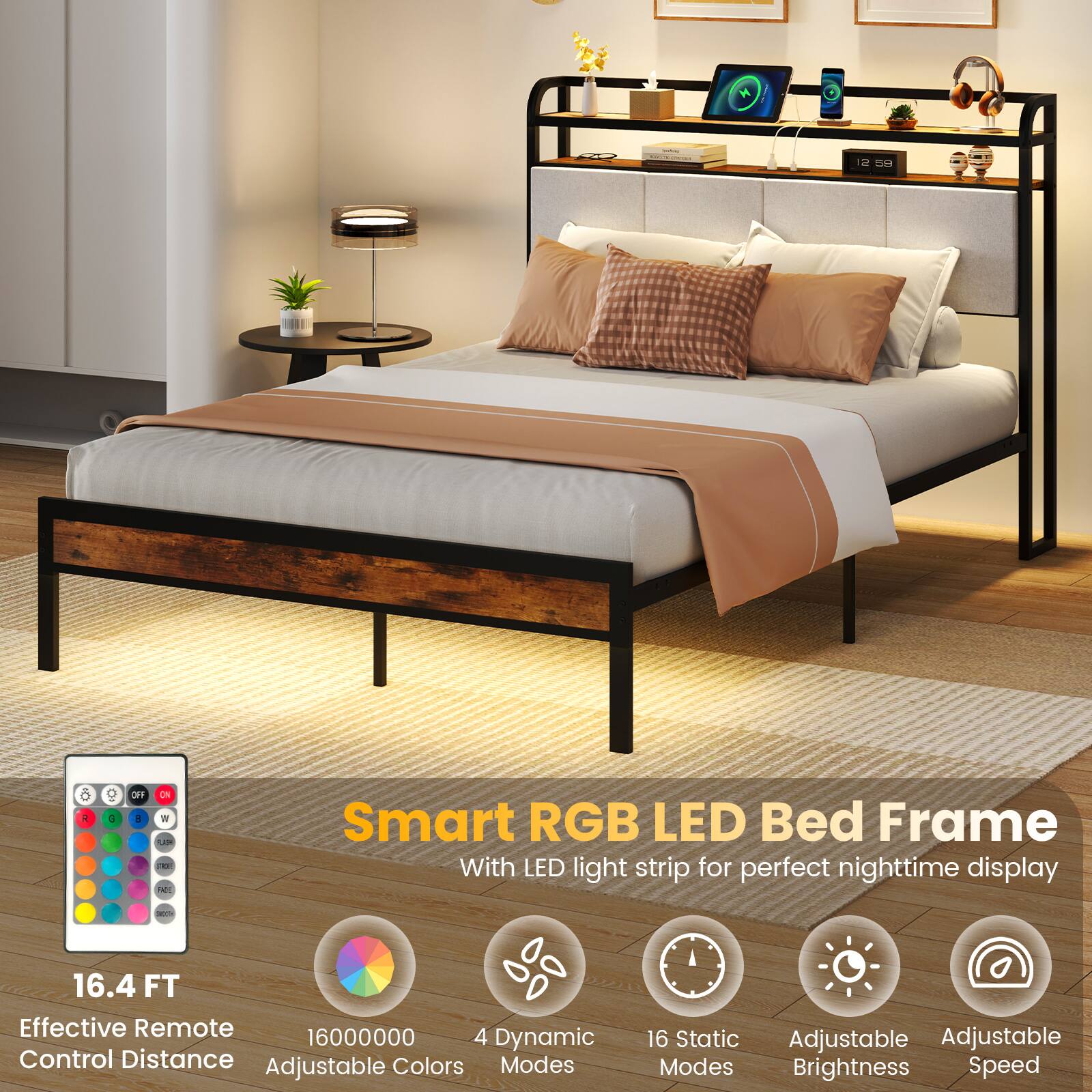 Smart RGB LED Bed Frame - With LED light strip for perfect nighttime display - 16.4 FT Effective Remote Control Distance - 16000000 Adjustable Colors - 4 Dynamic Modes - 16 Static - Adjustable Brightness - Adjustable Speed