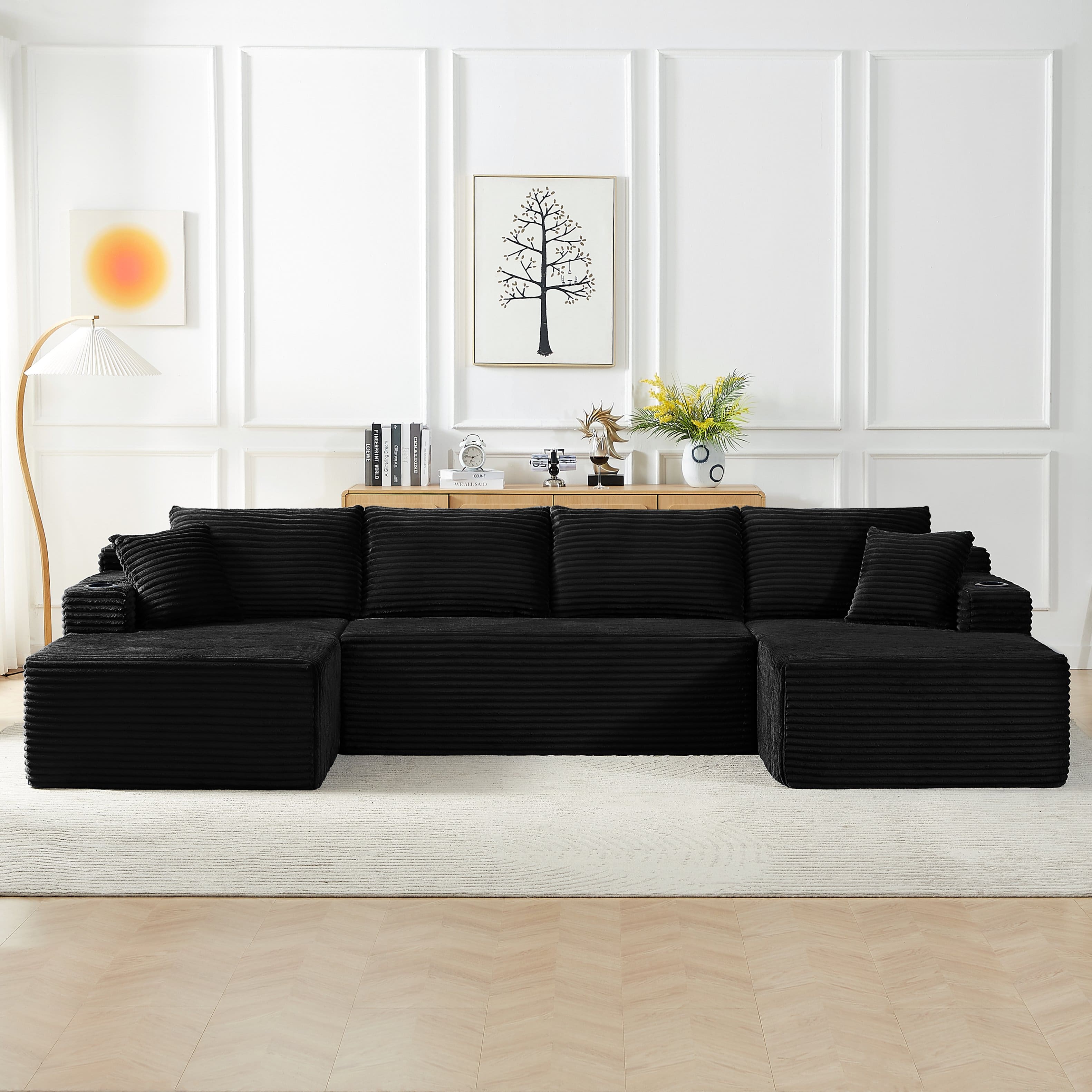 Front. Aukfa - U-Shaped Sectional Sofa Set - Minimalist Modular Design, Corduroy Cloud Couch for Living Room - Black.