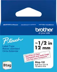 Brother - P-touch Btag BTAG132 Red on Clear Label Tape, 1/2" x 13.1' (12mm x 4m) - Front_Zoom