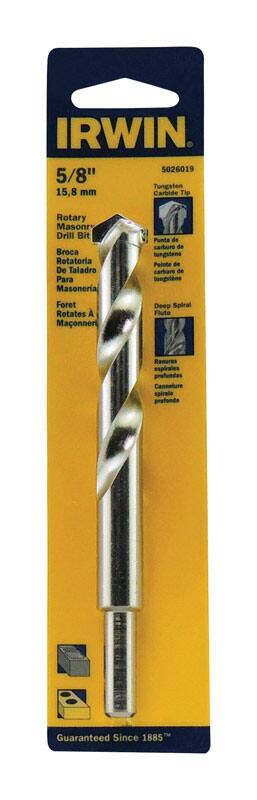 IRWIN  
5026019  
5/8" (15.8 mm) Tungsten Carbide Tip Rotary Masonry Drill Bit  
Broca Rotatoria De Taladro Para Masoneria  
Punta de carburo de tungsteno  
Pointe de carbure de tungstène  
Foret Rotatives A Maçonnerie  

Deep Spiral Flute  
Ranuras espirales profundas  
Cannelure spirale profonde  

Guaranteed Since 1885™