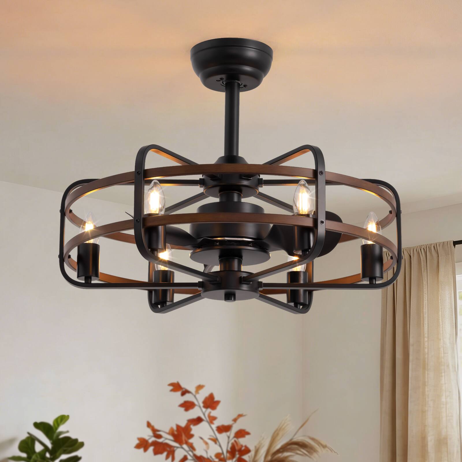 Left. Siljoy - 24.8 Inch Farmhouse Gray Caged Ceiling Fan Light, 6 Candle Lights, 6-Speed Reversible for Bedroom Kitchen and Foyer - walnut wood.