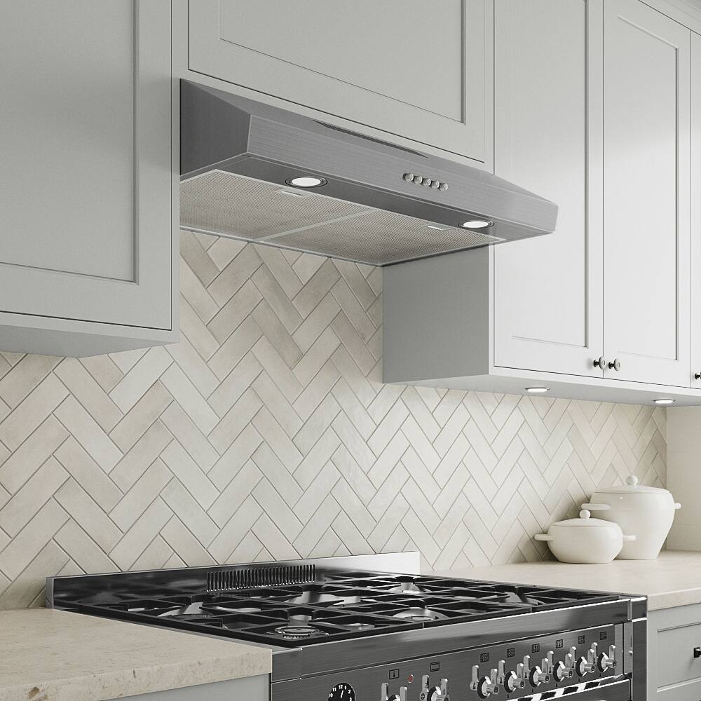 Back. Streamline - 30 in. Rapallo Ducted Undermount 165 CFM Range Hood, Mesh Filters, Push Button Control, LED Lights - Brushed Stainless Steel.