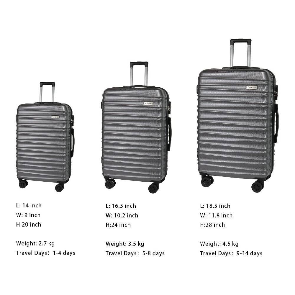 Sure, here is the corrected and grouped text:

- **L: 14 inch**
  - W: 9 inch
  - H: 20 inch
  - Weight: 2.7 kg
  - Travel Days: 1-4 days

- **L: 16.5 inch**
  - W: 10.2 inch
  - H: 24 inch
  - Weight: 3.5 kg
  - Travel Days: 5-8 days

- **L: 18.5 inch**
  - W: 11.8 inch
  - H: 28 inch
  - Weight: 4.5 kg
  - Travel Days: 9-14 days