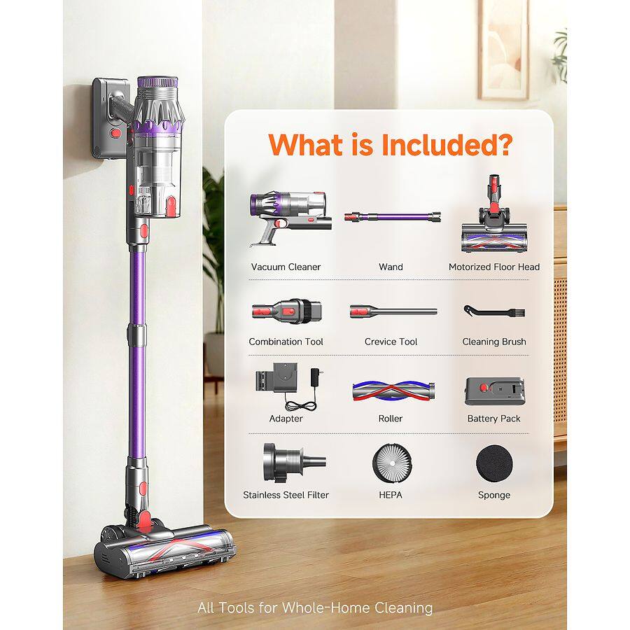What is Included?
- Vacuum Cleaner
- Wand
- Motorized Floor Head
- Combination Tool
- Crevice Tool
- Cleaning Brush
- Adapter
- Roller
- Battery Pack
- Stainless Steel Filter
- HEPA
- Sponge
- All Tools for Whole-Home Cleaning