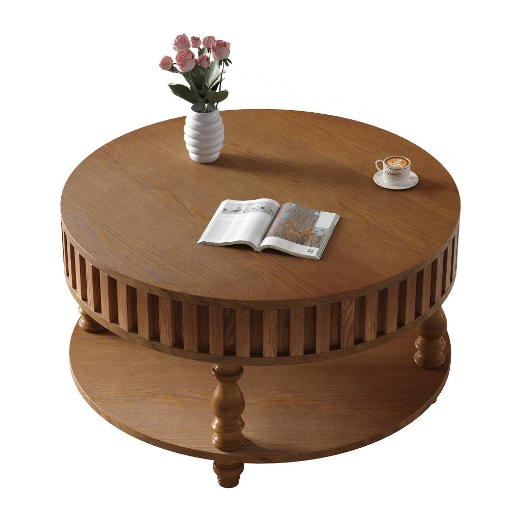 Alt View 8. Loheer - Loheer Farmhouse Fluted Coffee Table, Round Coffee Table with Hidden Storage, Walnut Brown - Walnut Brown.