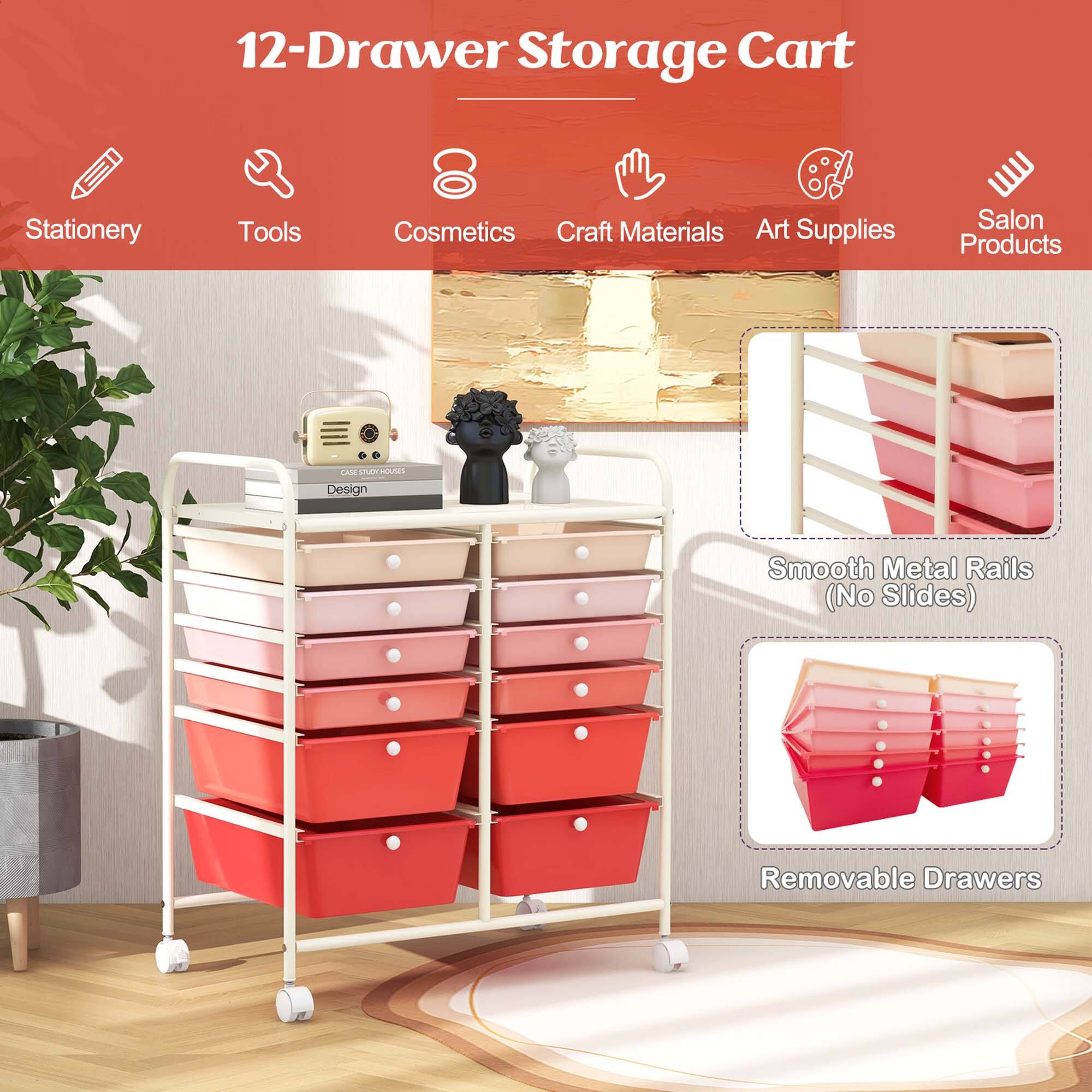 12-Drawer Storage Cart Stationery Tools Cosmetics Craft Materials Art Supplies Salon Products Removable Drawers Smooth Metal Rails (No Slides)
