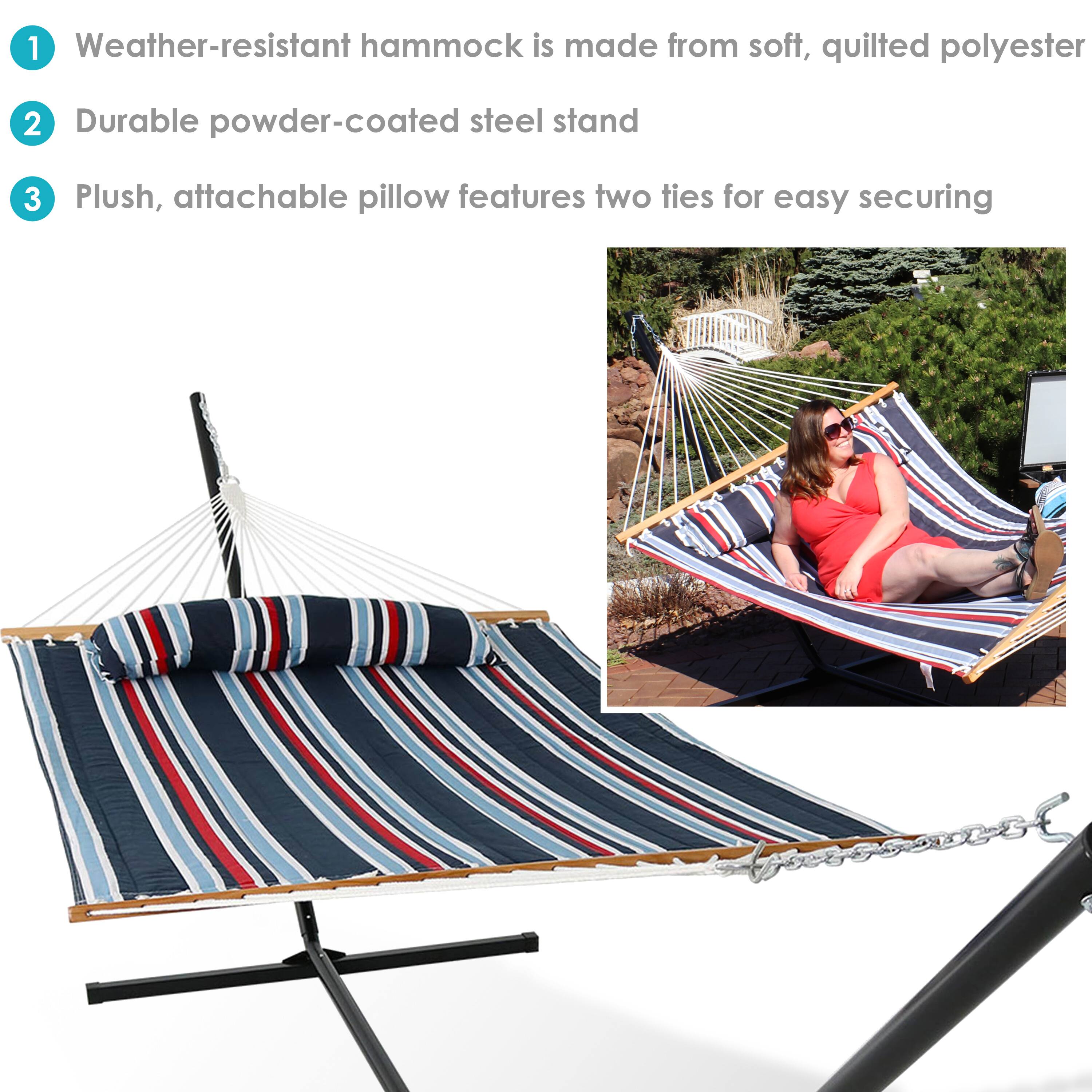 1. Weather-resistant hammock is made from soft, quilted polyester  
2. Durable powder-coated steel stand  
3. Plush, attachable pillow features two ties for easy securing