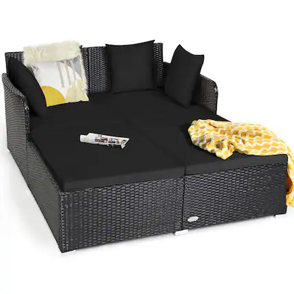 Front. Costway - Costway Outdoor Patio Rattan Daybed Thick Pillows Cushioned Sofa Furniture - Black.