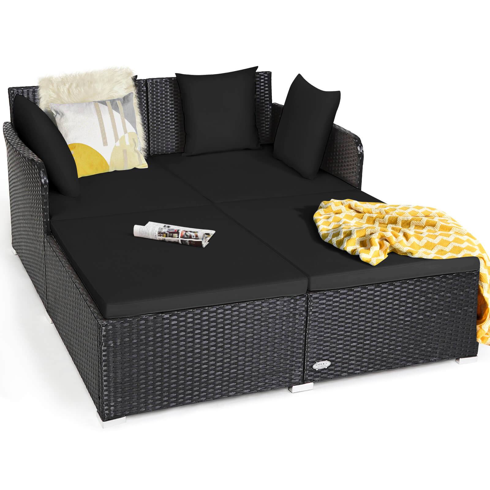 Front. Costway - Costway Outdoor Patio Rattan Daybed Thick Pillows Cushioned Sofa Furniture - Black.
