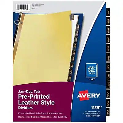Jan-Dec Tab Pre-Printed Leather Style
Pre-printed black tabs for quick referencing of Avery Dividers
Double-sided gold reinforced holes for durability
11351
For the complete line of Avery Dividers go to www.avery.com/dividers
JAN FEB MAR APR MAY JUNE JULY AUG SEP OCT NOV DEC
1 SET