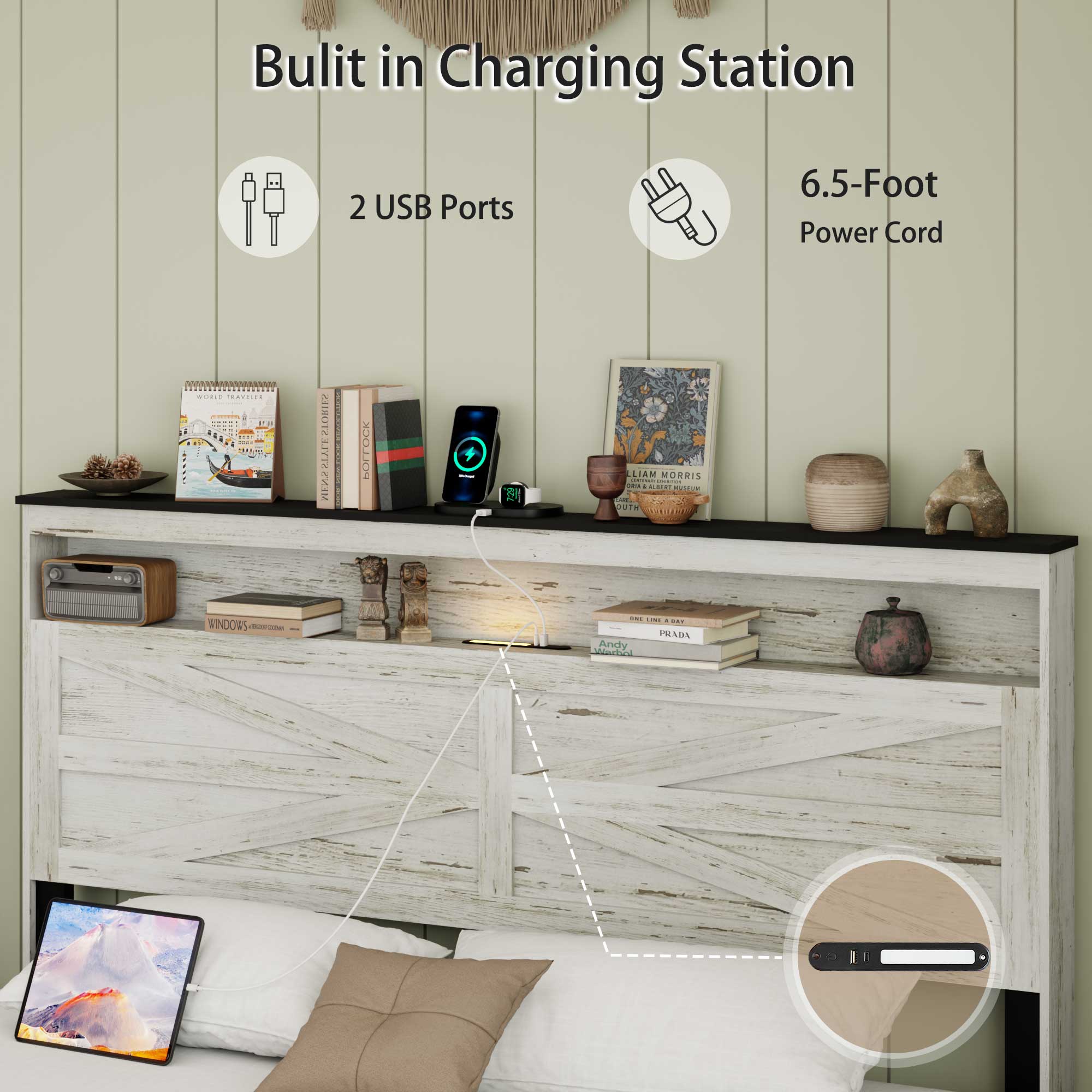 Built in Charging Station  
2 USB Ports  
6.5-Foot Power Cord