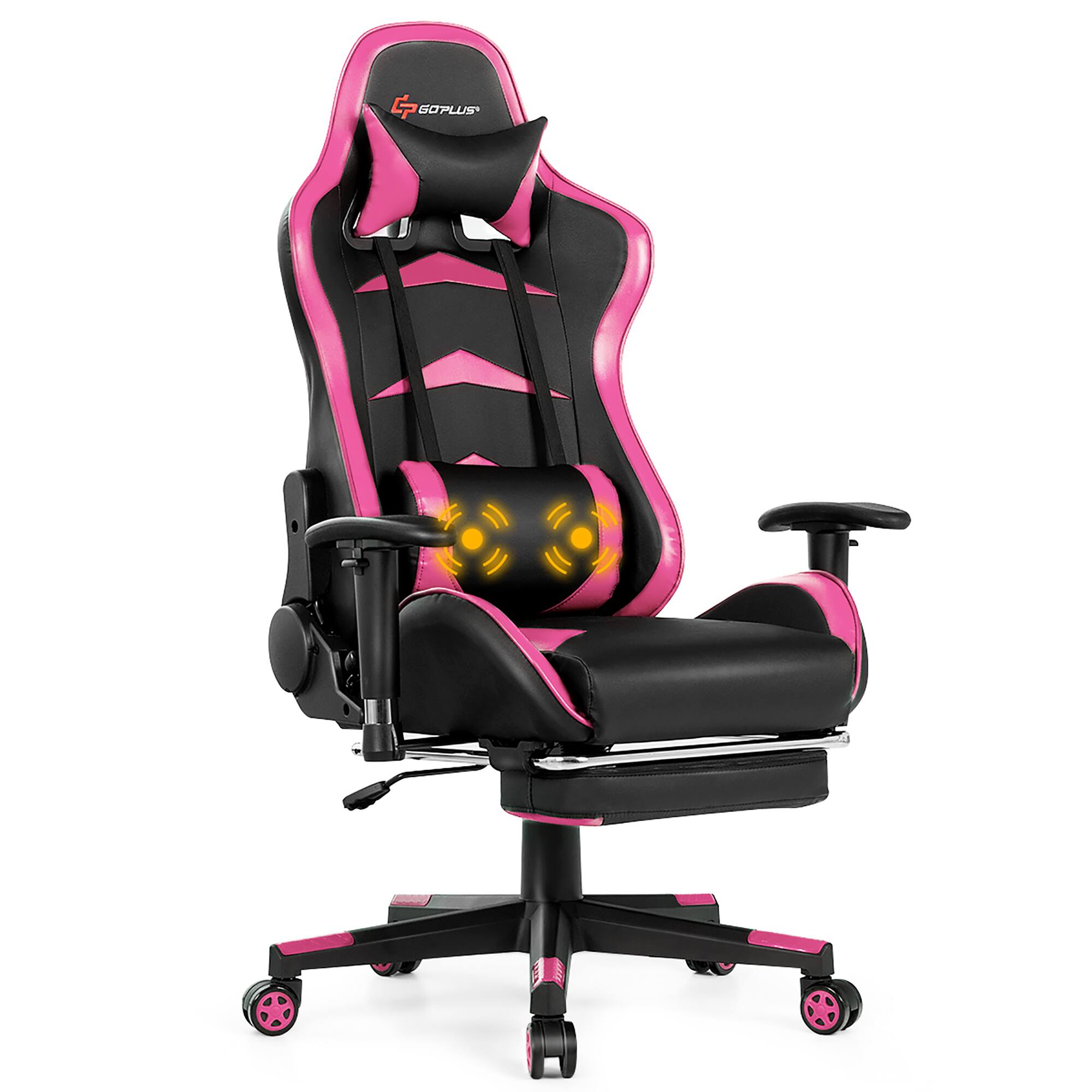 Costway - Gaming Massage Reclining Racing Chair with Footrest - Pink + Black
