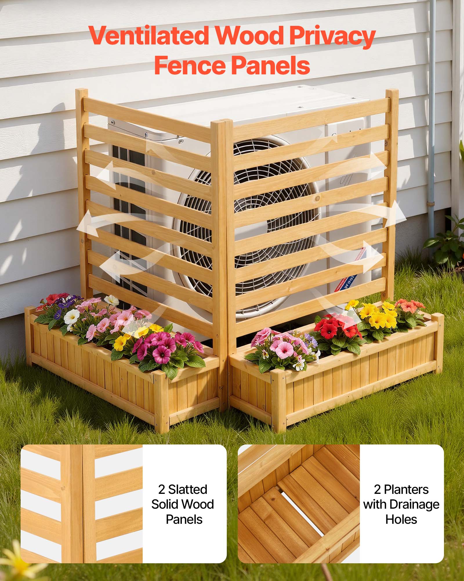 Ventilated Wood Privacy Fence Panels

- 2 Slatted Solid Wood Panels
- 2 Planters with Drainage Holes