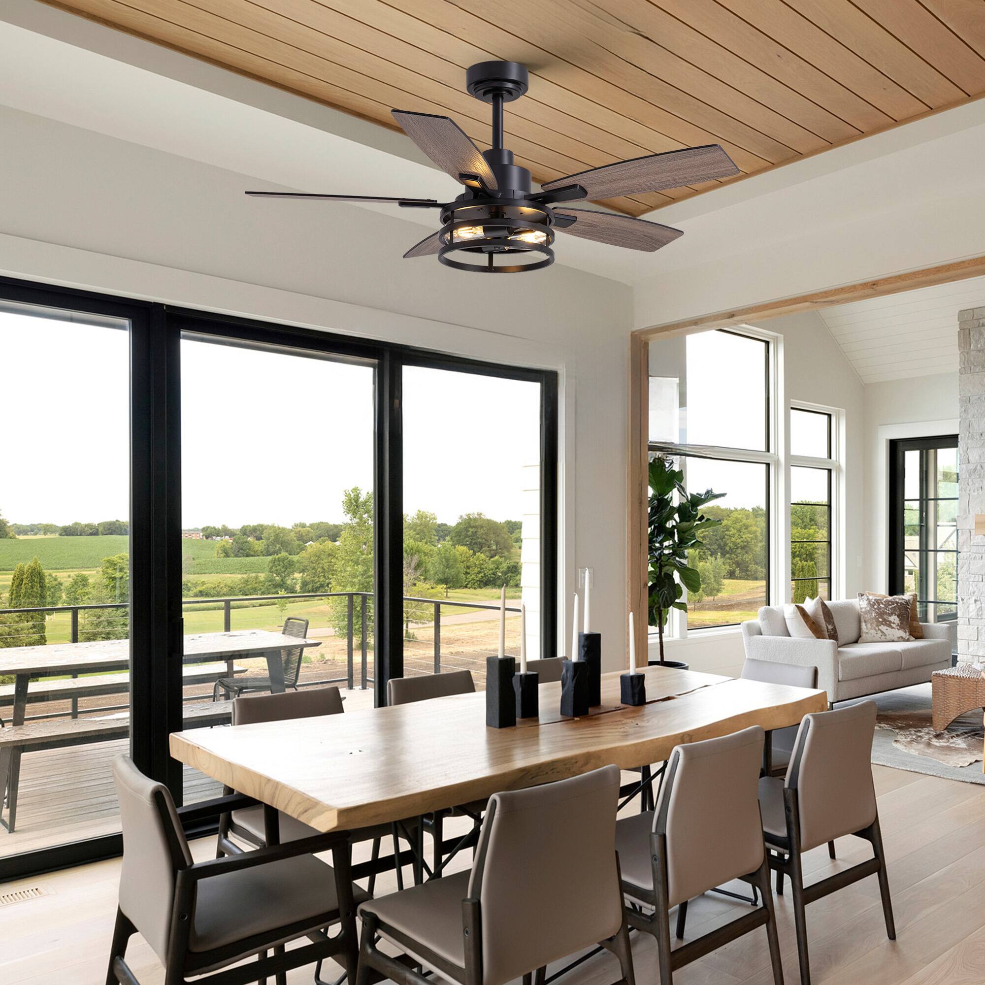 Left. Siljoy - 46 In Black Ceiling Fan with Lights and Remote Farmhouse Cage Ceiling Fan for Patio Bedroom and Living room - Black.