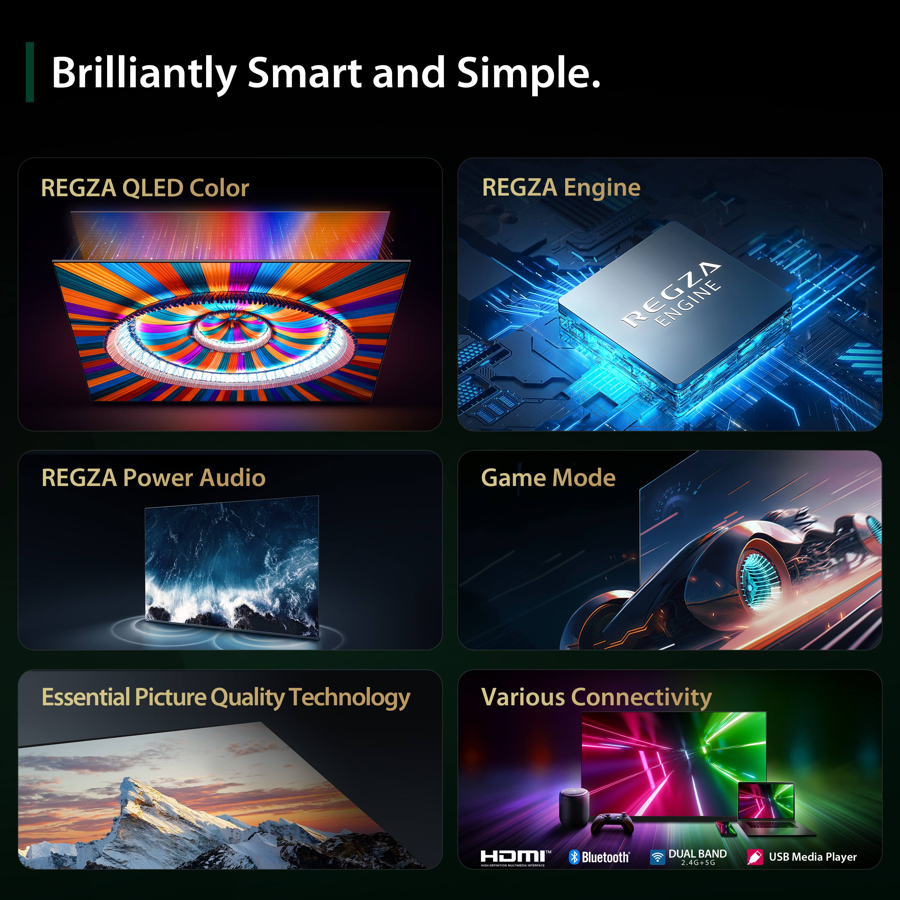 Brilliantly Smart and Simple.

REGZA QLED Color
REGZA Engine
REGZA Power Audio
Game Mode
Essential Picture Quality Technology
Various Connectivity

HDMI
Bluetooth
DUAL BAND 2.4G/5G
USB Media Player