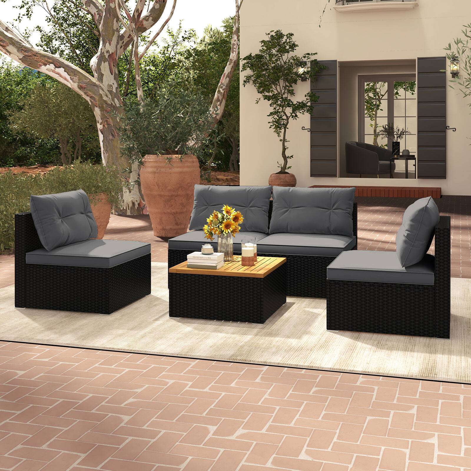 Alt View 1. Gymax - Gymax Set Of 5 Outdoor Furniture Set w/ Seat & Back Cushions Acacia Wood Tabletop - Gray, Black.