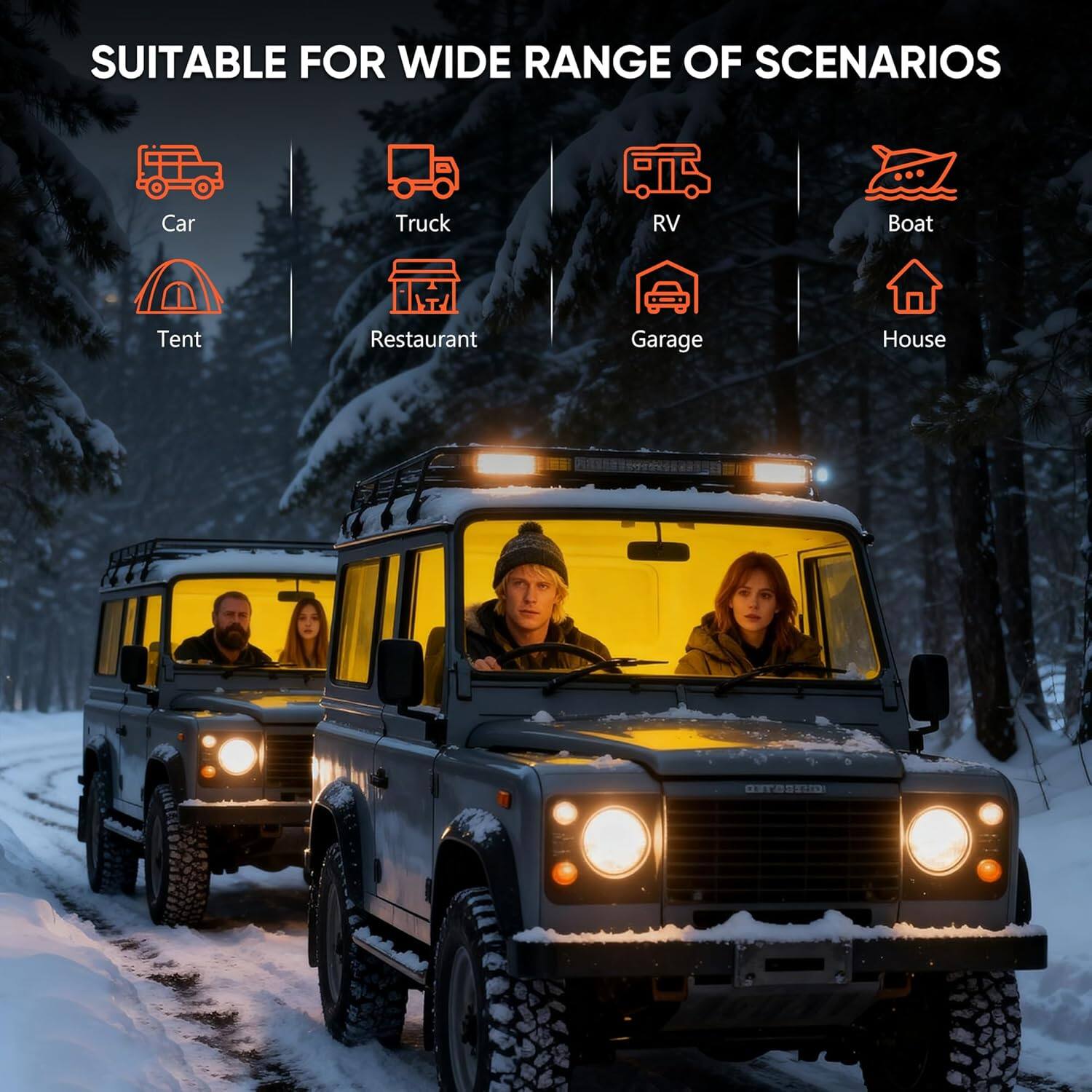 SUITABLE FOR WIDE RANGE OF SCENARIOS

- Car
- Truck
- RV
- Boat
- Tent
- Restaurant
- Garage
- House