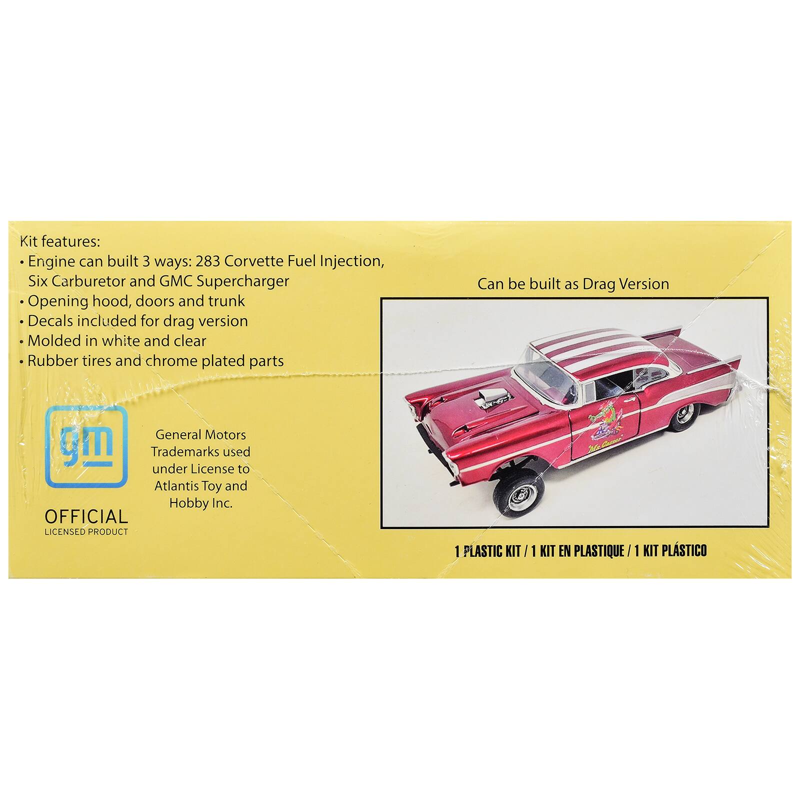 Kit features:  
- Engine can be built 3 ways: 283 Corvette Fuel Injection, Six Carburetor and GMC Supercharger  
- Opening hood, doors and trunk  
- Decals included for drag version  
- Molded in white and clear  
- Rubber tires and chrome plated parts  

Can be built as Drag Version  

General Motors trademarks used under License to Atlantis Toy and Hobby Inc.  
OFFICIAL LICENSED PRODUCT  

1 PLASTIC KIT / 1 KIT EN PLASTIQUE / 1 KIT PLÁSTICO