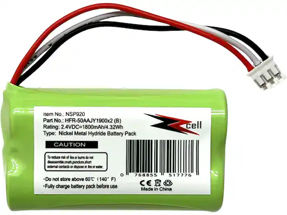 OOS item No.: NSP920
Part No.: HFR-50AAJY1900x2 (B)
Rating: 2.4VDC=1800mAh/4.32Wh
Type: Nickel Metal Hydride Battery Pack
CAUTION
To reduce risk of fire or burns do not disassemble, crush, puncture, short external contacts or dispose in fire or water.
Do not store above 60°C (140°F)
Fully charge battery pack before use
768855 517776
CE
Made in China