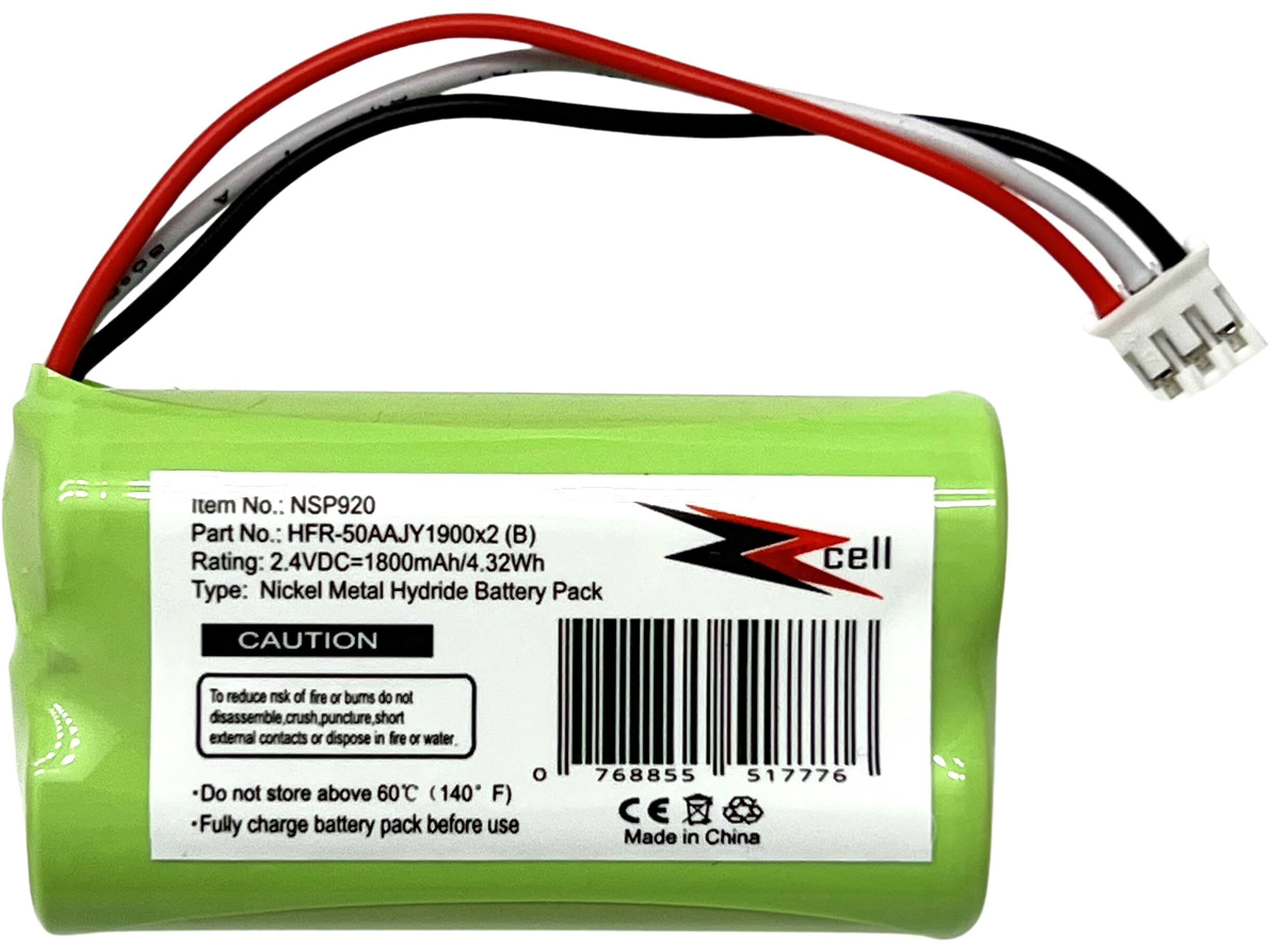 OOS item No.: NSP920  
Part No.: HFR-50AAJY1900x2 (B)  
Rating: 2.4VDC=1800mAh/4.32Wh  
Type: Nickel Metal Hydride Battery Pack  

CAUTION  
To reduce risk of fire or burns do not disassemble, crush, puncture, short external contacts or dispose in fire or water.  
Do not store above 60°C (140°F)  
Fully charge battery pack before use  

768855 517776  
CE  
Made in China