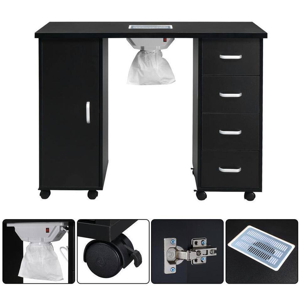 Back. Winado - Manicure Table Nail Table Station, Nail Beauty Manicure Desk with Dust Collector, Drawers, Storage Shelves for Nail Tech - Black.