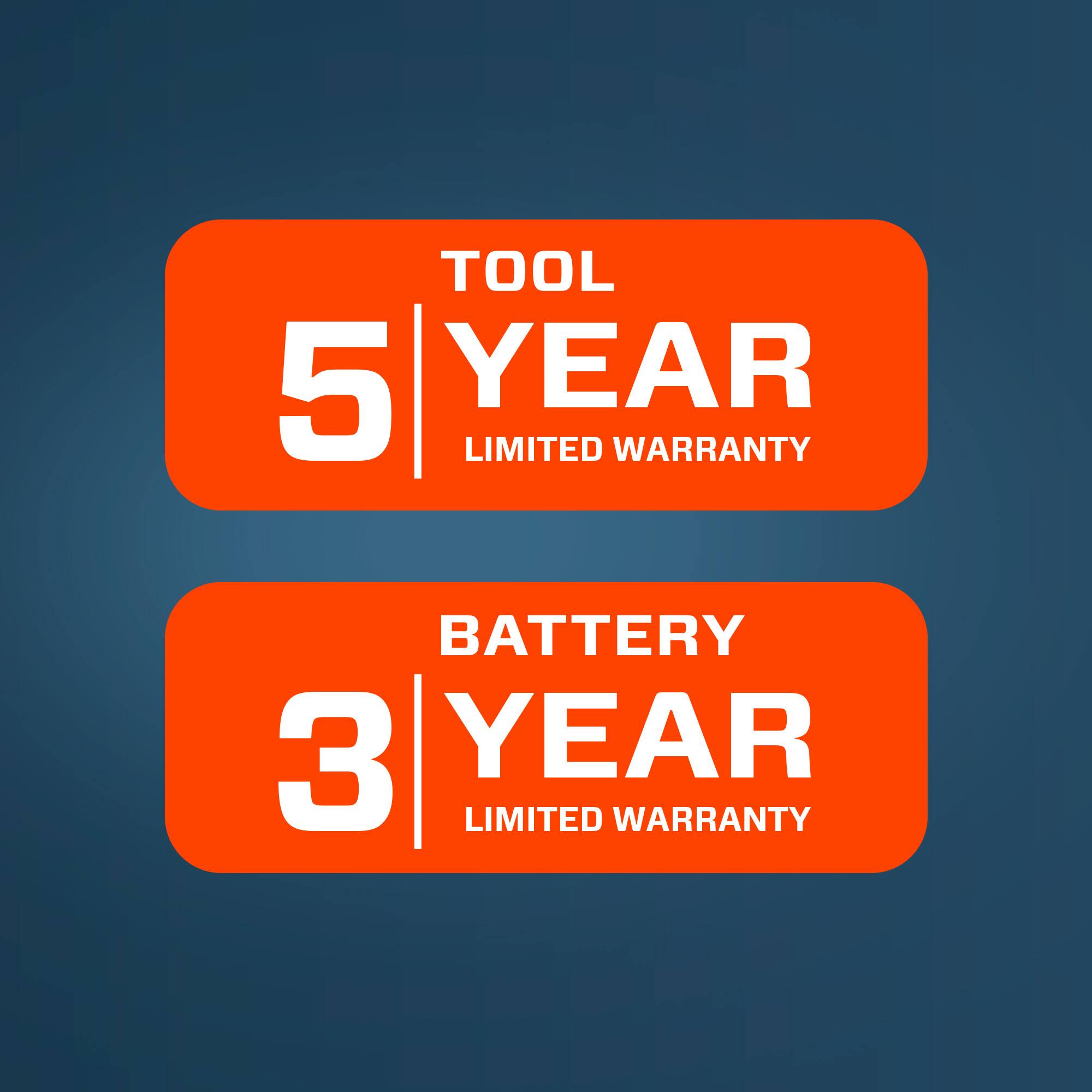 TOOL 5 YEAR LIMITED WARRANTY  
BATTERY 3 YEAR LIMITED WARRANTY