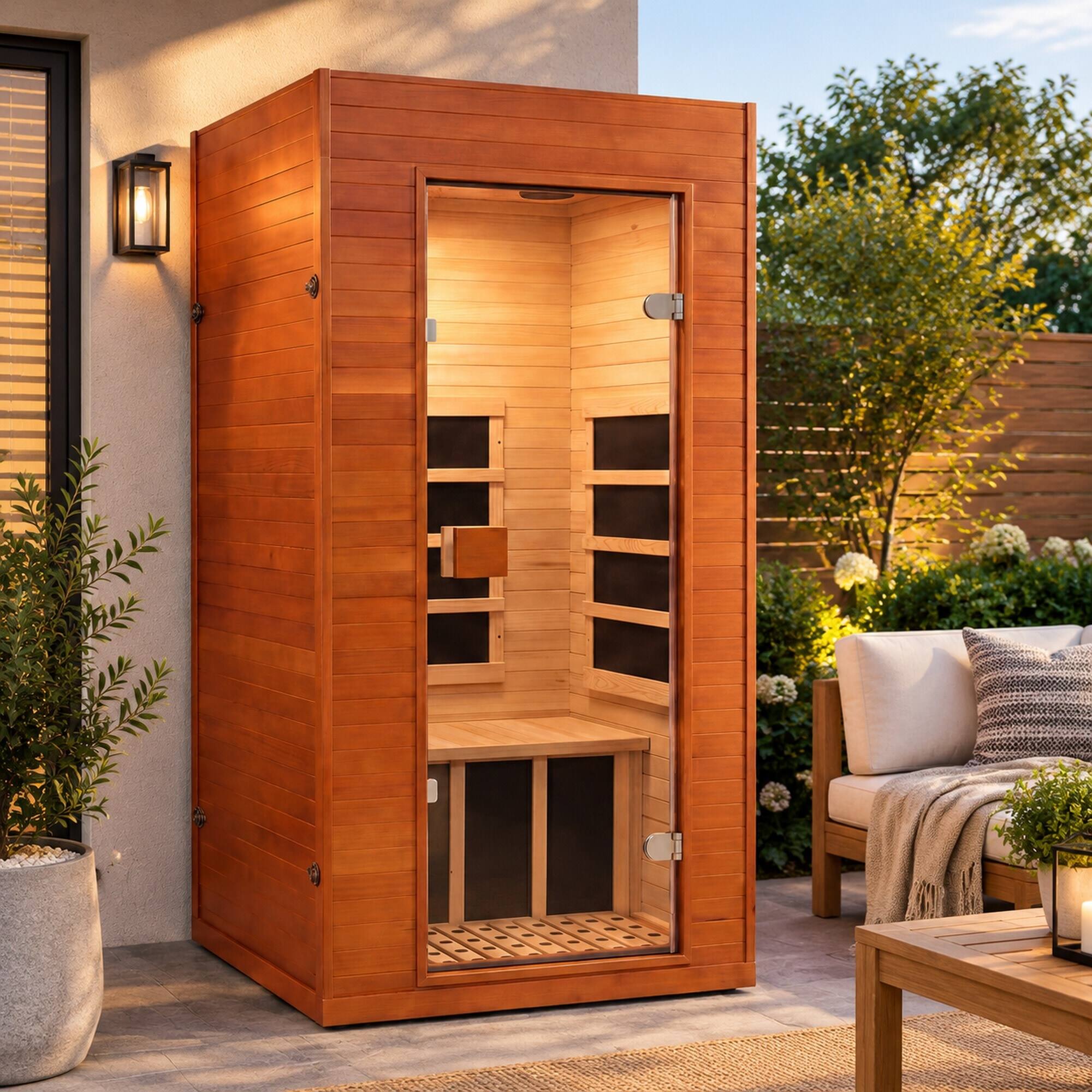 Left. RYHNUYNE - Smart Infrared Sauna for Home, 1-Person Canadian Hemlock Wood Cabin, Voice Control, Bluetooth Speakers, Red Light - Acacia Wood.