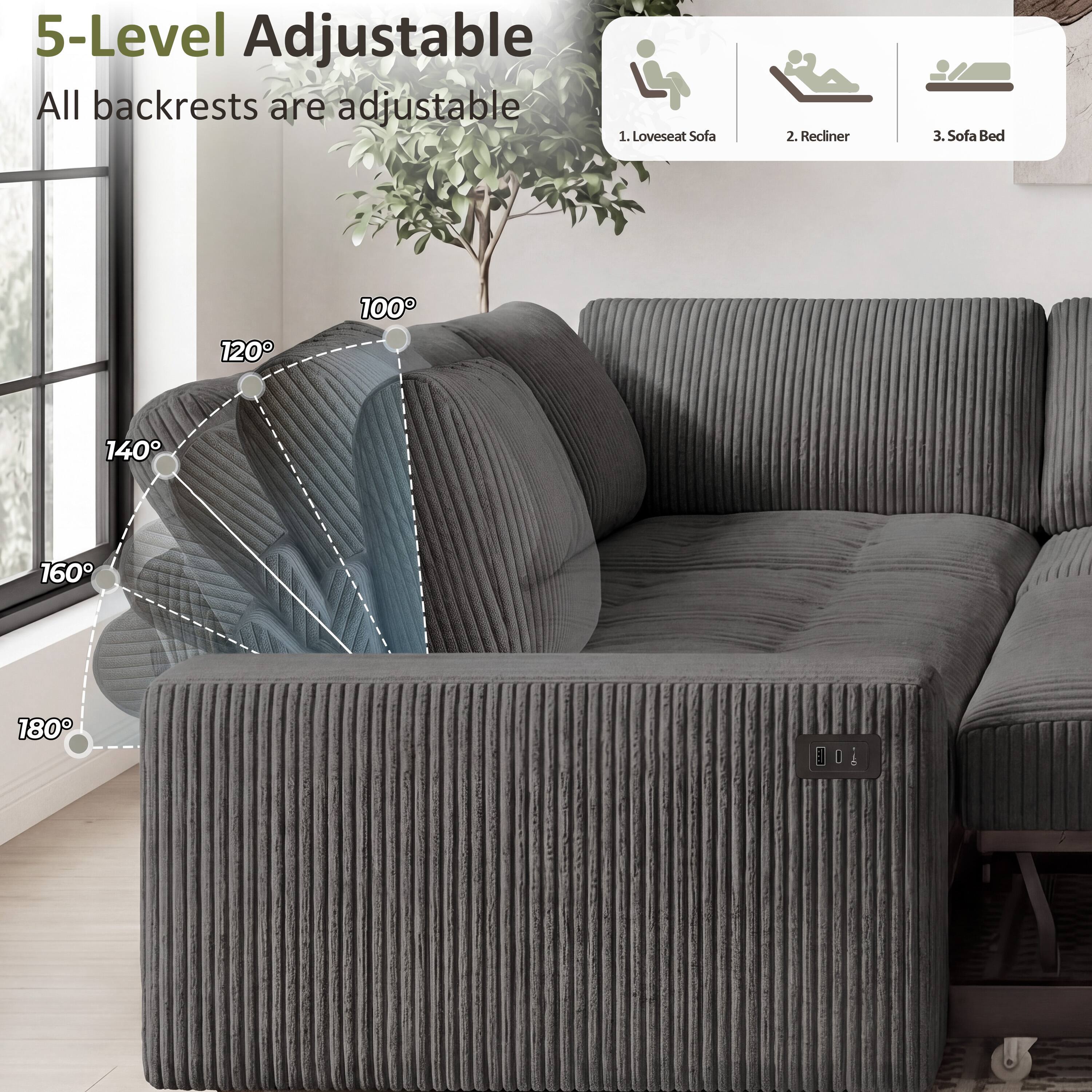 5-Level Adjustable  
All backrests are adjustable  
1. Loveseat Sofa  
2. Recliner  
3. Sofa Bed  
120° 100° 140° 160° 180°
