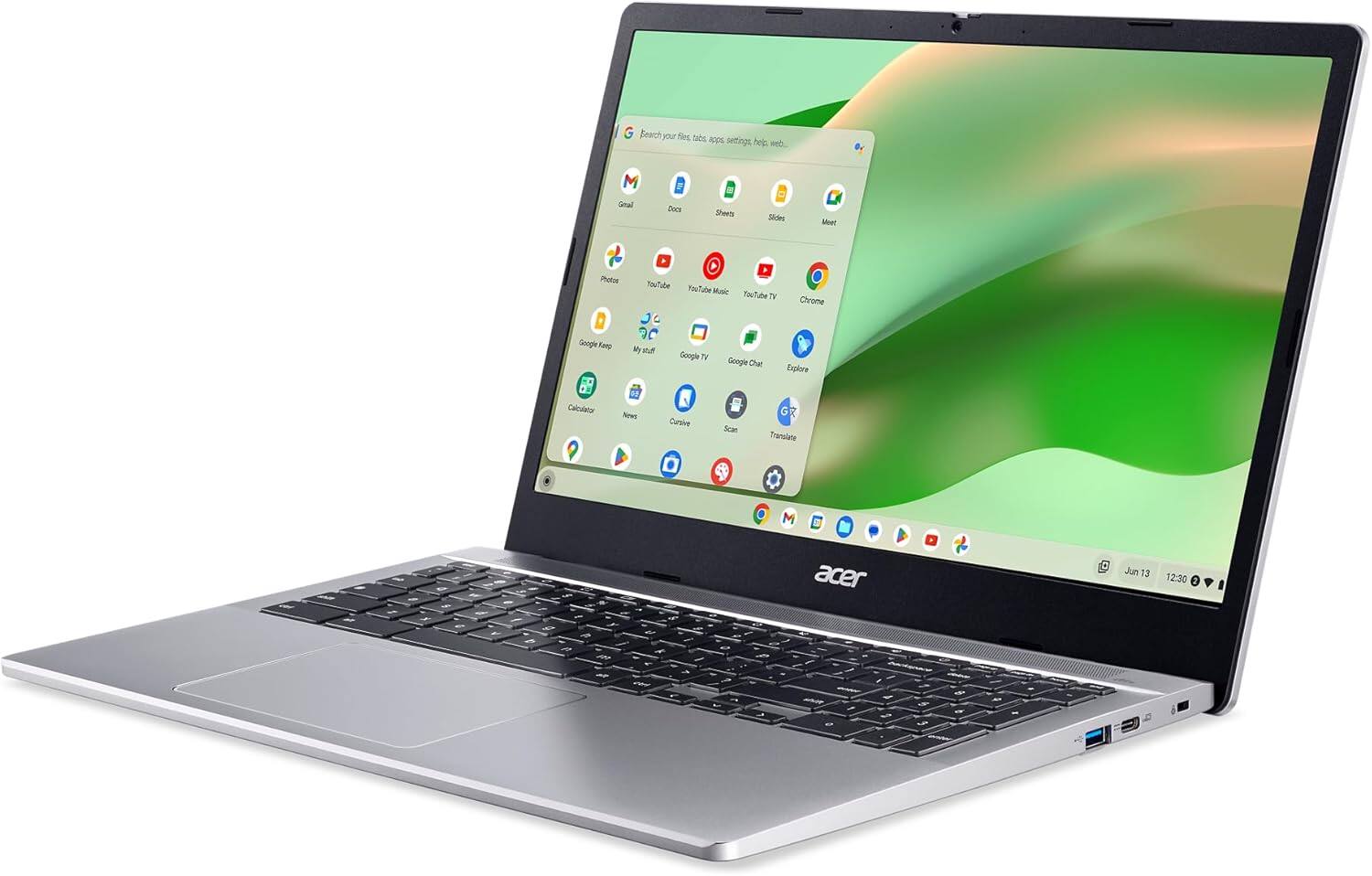 Sure, here is the corrected text:

- Search your files, apps, settings, help, web.
- Gmail
- Docs
- Sheets
- Slides
- Meet
- Photos
- YouTube
- YouTube Music
- YouTube TV
- Chrome
- Google Keep
- My stuff
- Google TV
- Google Chat
- Explore
- Calculator
- News
- Creative
- Scan
- Translate
- Acer
- Jun 13 12:30