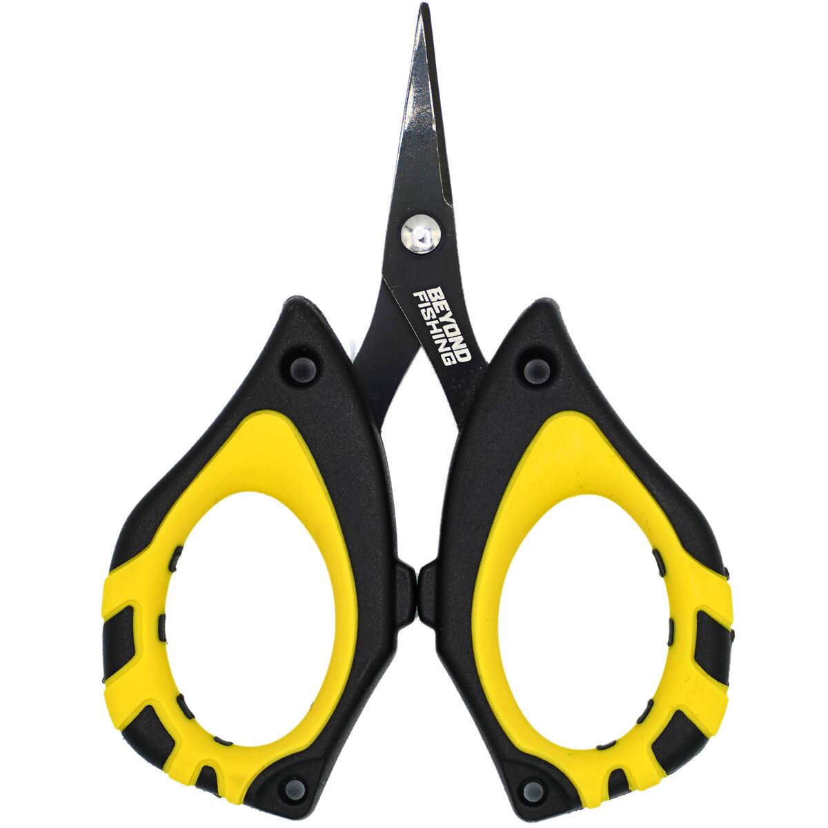 Front. Beyond Braid - 4.5” Fishing Scissors for Braided Line, Stainless Steel, Serrated Blades, Non-Slip Grip, Large Finger Holes.