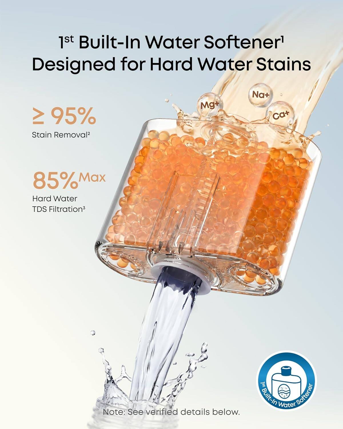 1st Built-In Water Softener' Designed for Hard Water Stains IV 95% Stain Removal Mg+ Na+ Ca+ 85% Max Hard Water TDS Filtration3 Note: See verified details below.