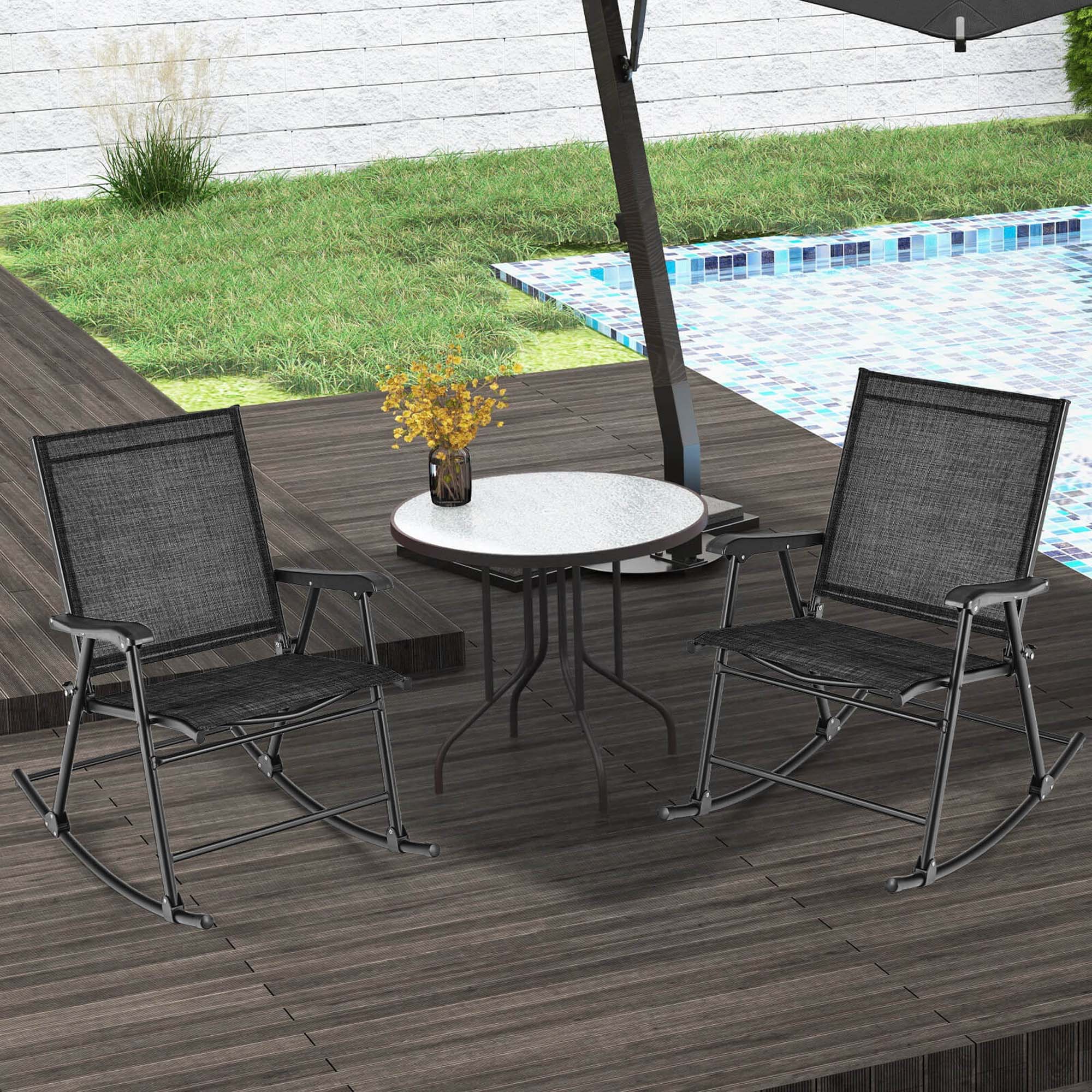 Back. Costway - 2 PCS Patio Folding Rocking Chair Heavy-Duty Metal Frame Rockers Outdoor - Black.