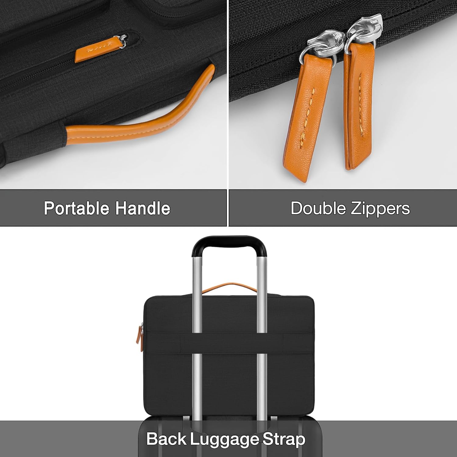 Portable Handle  
Double Zippers  
Back Luggage Strap