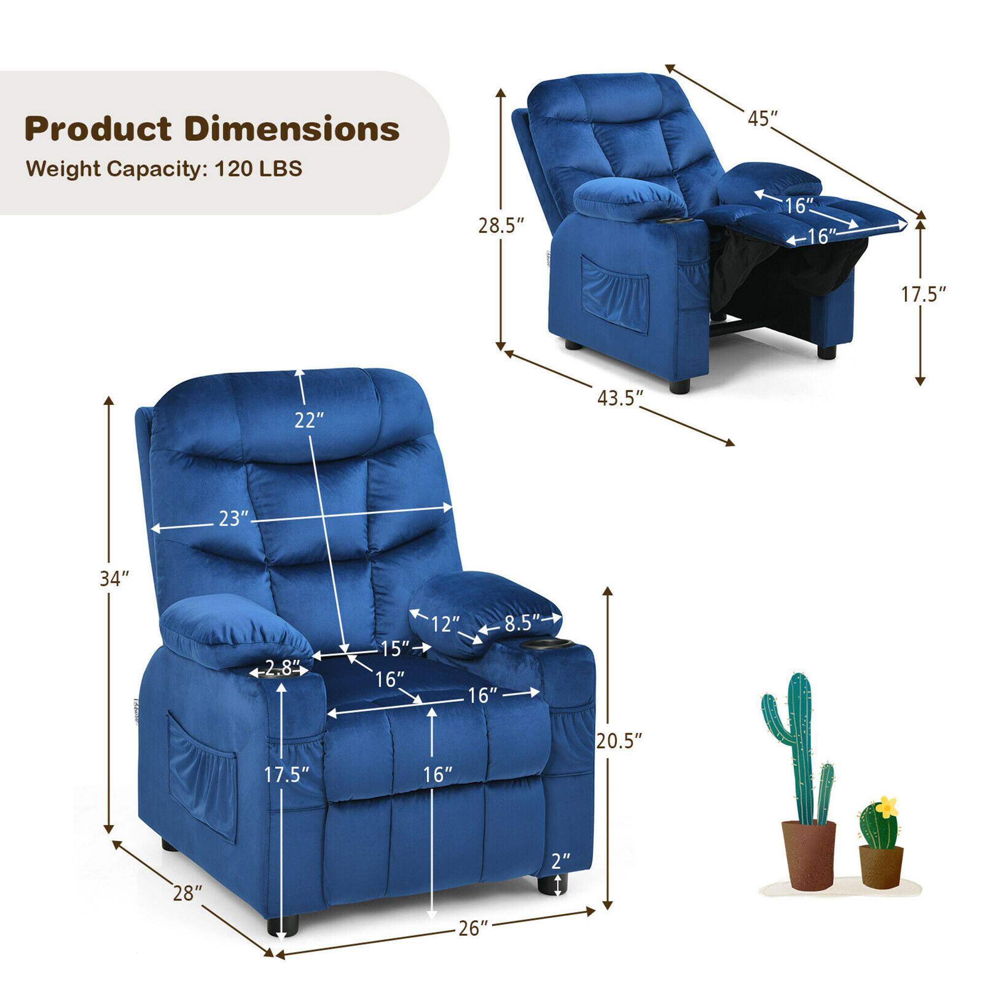 Product Dimensions  
Weight Capacity: 120 LBS  

- Width: 45"  
- Depth: 43.5"  
- Height: 85"  
- Seat Height: 17.5"  
- Seat Depth: 16"  
- Armrest Height: 22"  
- Armrest Width: 16"  
- Back Height: 34"  
- Back Width: 28"  
- Seat Width: 26"  
- Seat Depth: 20.5"  
- Armrest to Armrest: 23"  
- Armrest to Seat: 15"  
- Armrest to Floor: 28"  
- Armrest to Back: 16"  
- Armrest to Armrest: 16"  
- Armrest to Floor: 2"