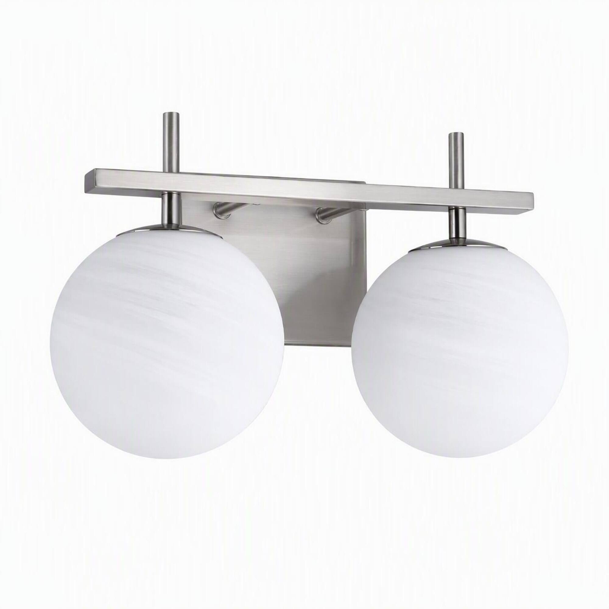 RYHNUYNE - 2-Light Modern Bathroom Vanity Light, Nickel Finish Wall Sconce with White Marble-Look Globe Shades