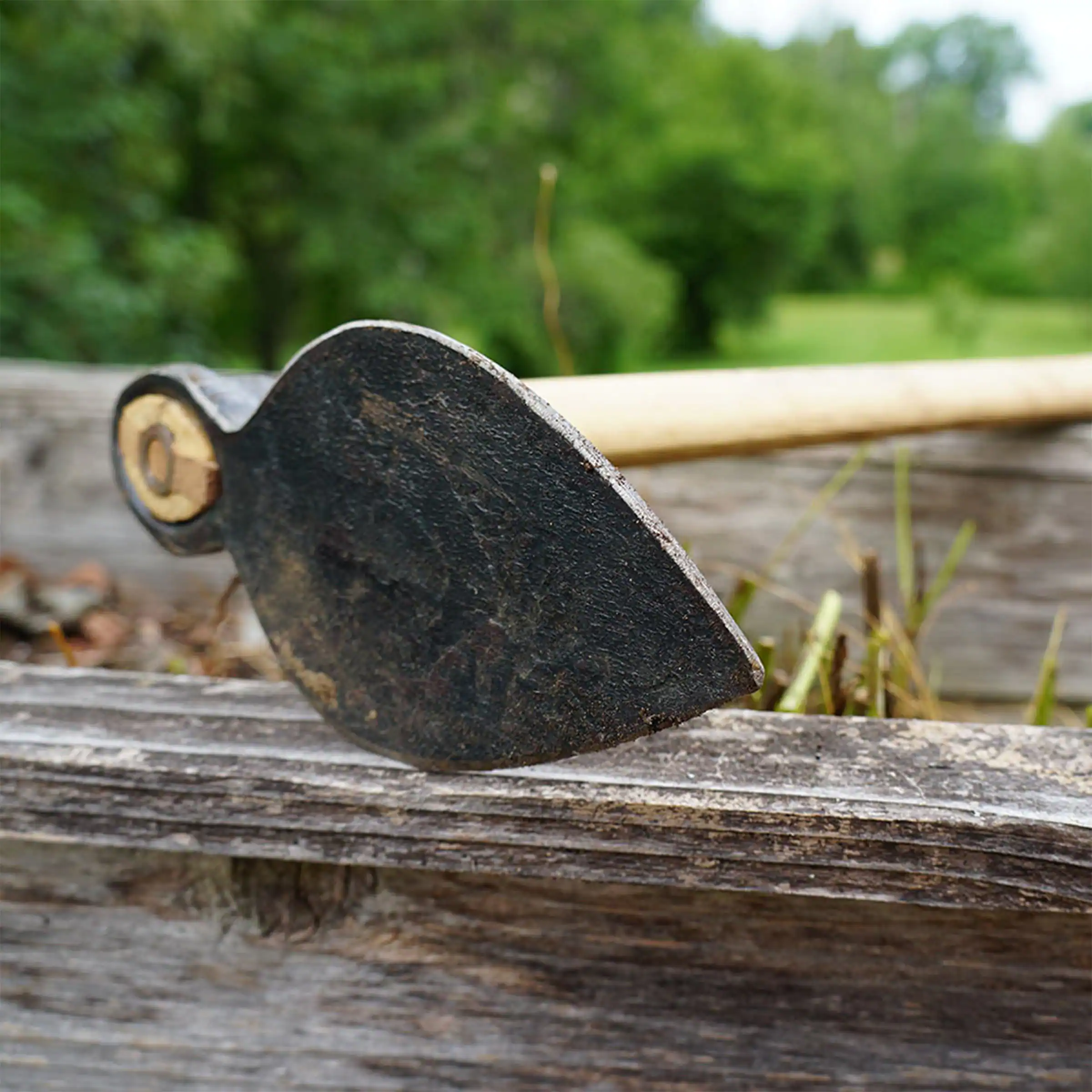 Angle. Kings County Tools - Hoe Garden Tool 16.5” Leaf-Shaped Steel Garden Hoe with European Ash Wood Handle.