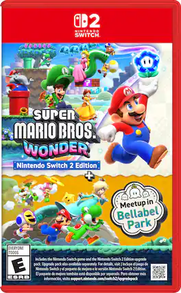 2 NINTENDO SWITCH L ? M SUPER TM MARIO BROS. WONDER Nintendo Switch 2 Edition + M Meetup in Bellabel Park EVERYONE TODOS Includes the Nintendo Switch game and the Nintendo Switch 2 Edition upgrade pack. Upgrade pack also available separately. For details, visit support.nintendo.com/switch2/upgradepack Incluye el juego de Nintendo Switch y el paquete de mejora y el paquete de mejora también está disponible por separado. Para obtener más información, visite support.nintendo.com/switch2/upgradepack - RP (Rating Pending)