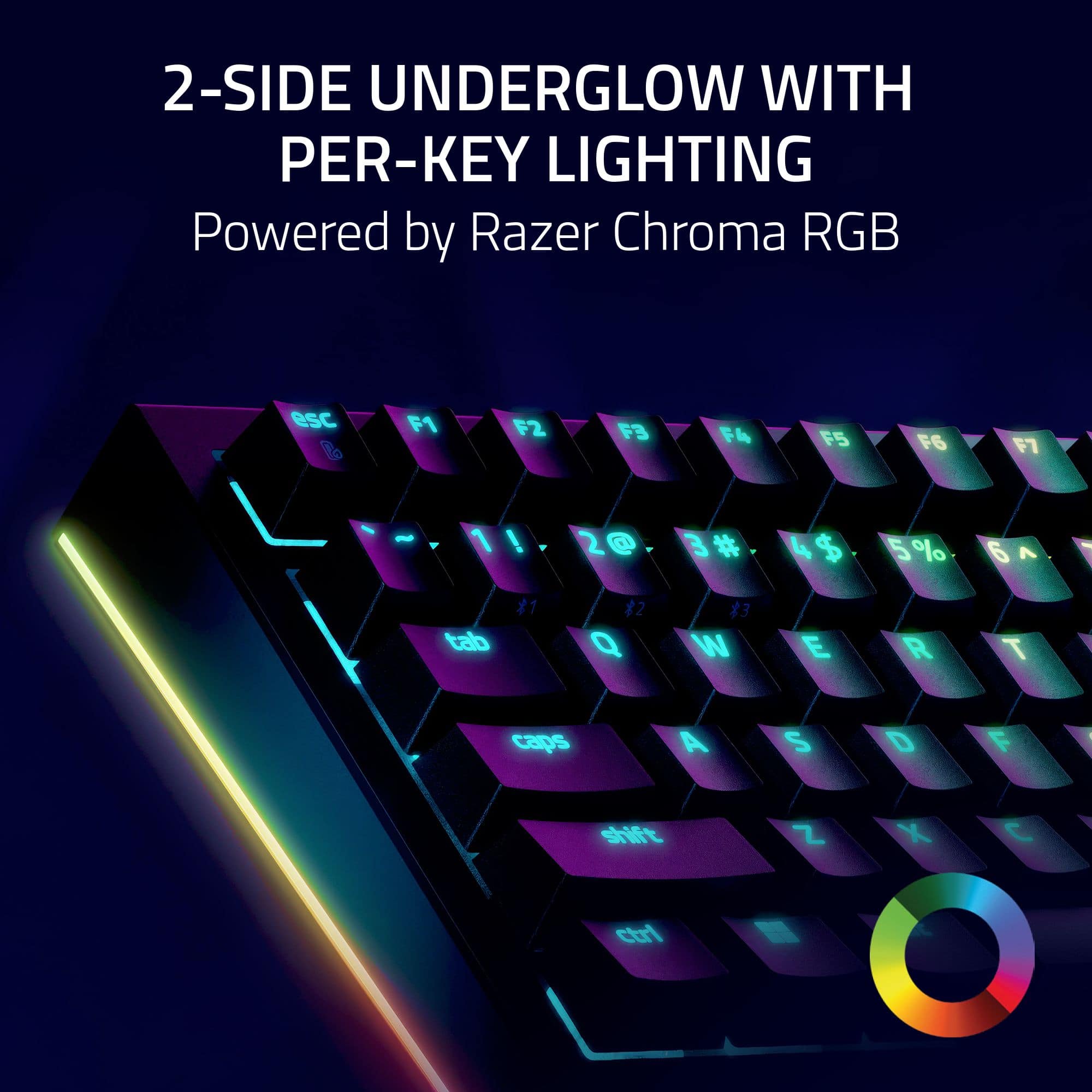 2-SIDE UNDERGLOW WITH PER-KEY LIGHTING Powered by Razer Chroma RGB esc 1 F1 F2 F3 F4 F5 F6 F7 - 1 ! 2 3 # 4$ 5% 6 tabb 1 #2 Q 13 W E R T caps A S D F | sift Z X C ctrl N A