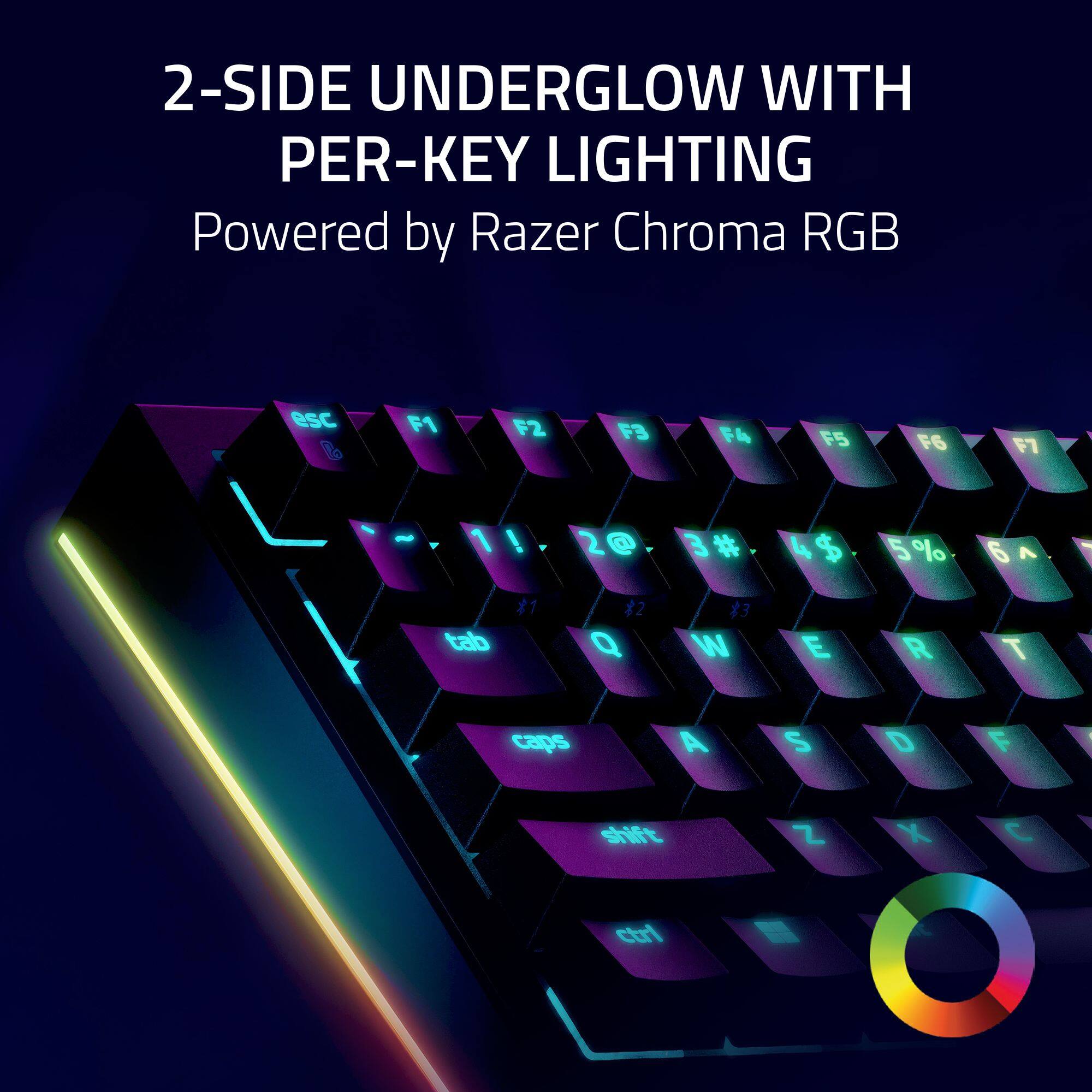2-SIDE UNDERGLOW WITH PER-KEY LIGHTING Powered by Razer Chroma RGB esc 1 F1 F2 F3 F4 F5 F6 F7 - 1 ! 2 3 # 4$ 5% 6 tabb 1 #2 Q 13 W E R T caps A S D F | sift Z X C ctrl N A