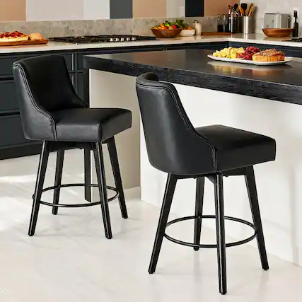 Front. Dyonery - Counter Height Bar Stools Set of 2, Modern Swivel Barstools with Back and Wood Legs,26" H Kitchen Counter Stools - Black.