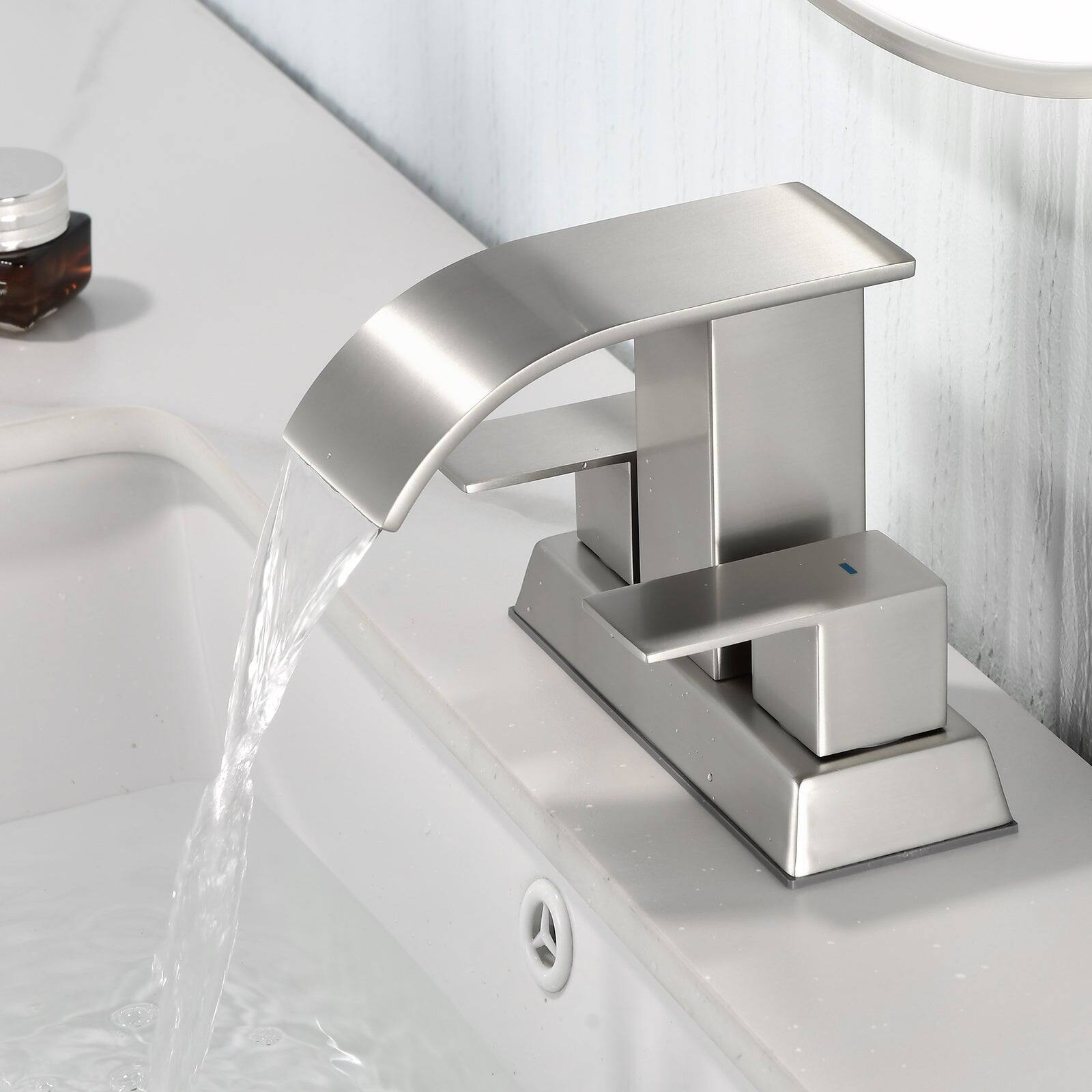 Alt View 3. Boyel Living - Brushed 4 Inch Centerset Faucet SUS304 Waterfall Spout 1.2GPM Dual Handle Pop Up Drain - Brushed Nickel.