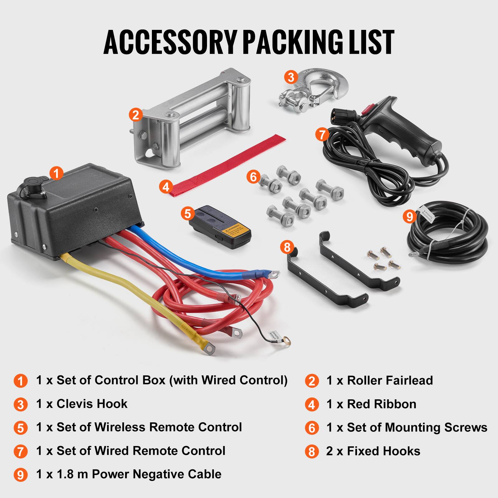 ACCESSORY PACKING LIST
1 x Set of Control Box (with Wired Control)
2 x Roller Fairlead
3 x Clevis Hook
4 x Red Ribbon
5 x Set of Wireless Remote Control
6 x Set of Mounting Screws
7 x Set of Wired Remote Control
8 x 2 x Fixed Hooks
9 x 1 x 1.8 m Power Negative Cable
