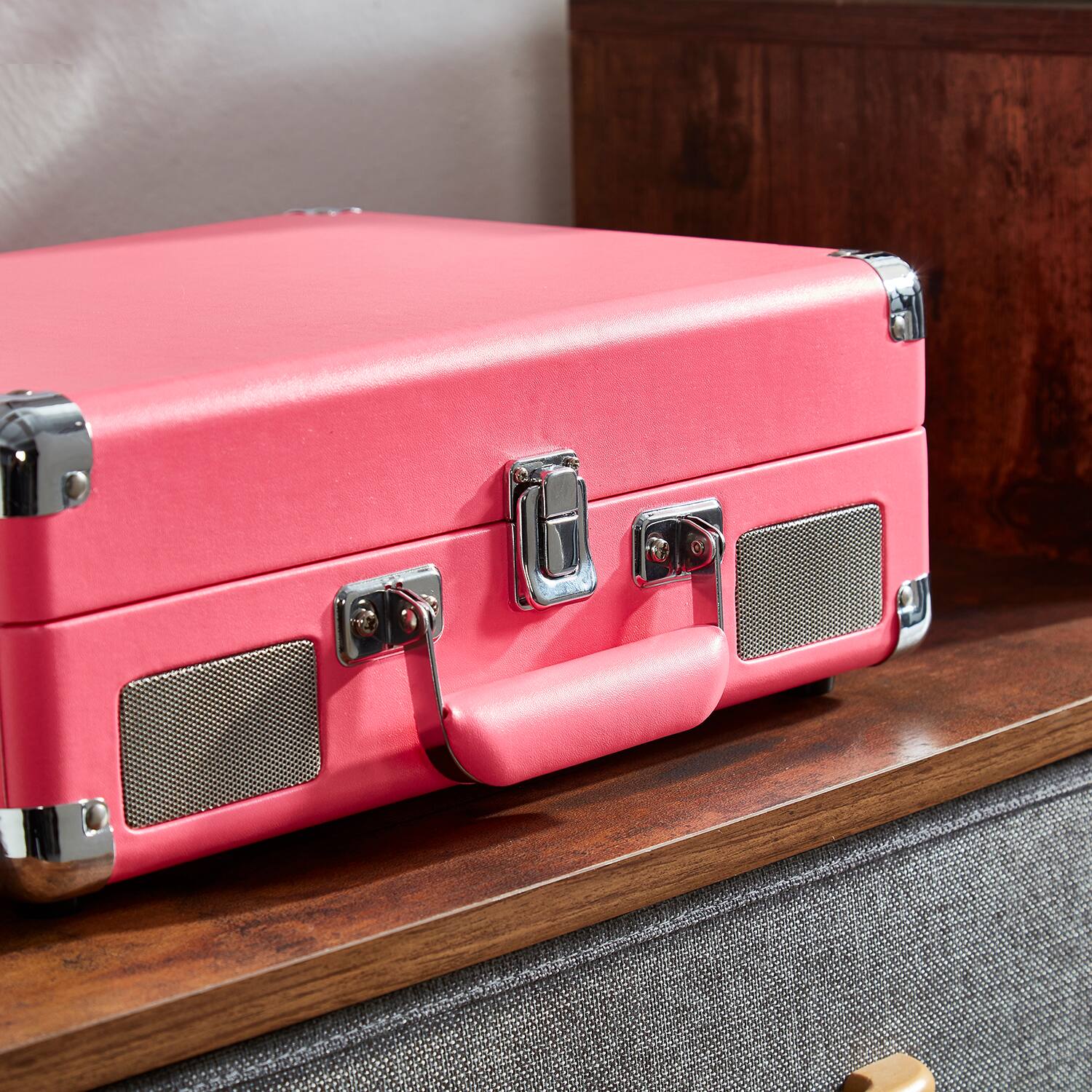 Alt View 3. Arkrocket - Arkrocket Curiosity III Suitcase Bluetooth Record Player Turntable built-in Speakers (Neon Pink ) - Neon Pink.