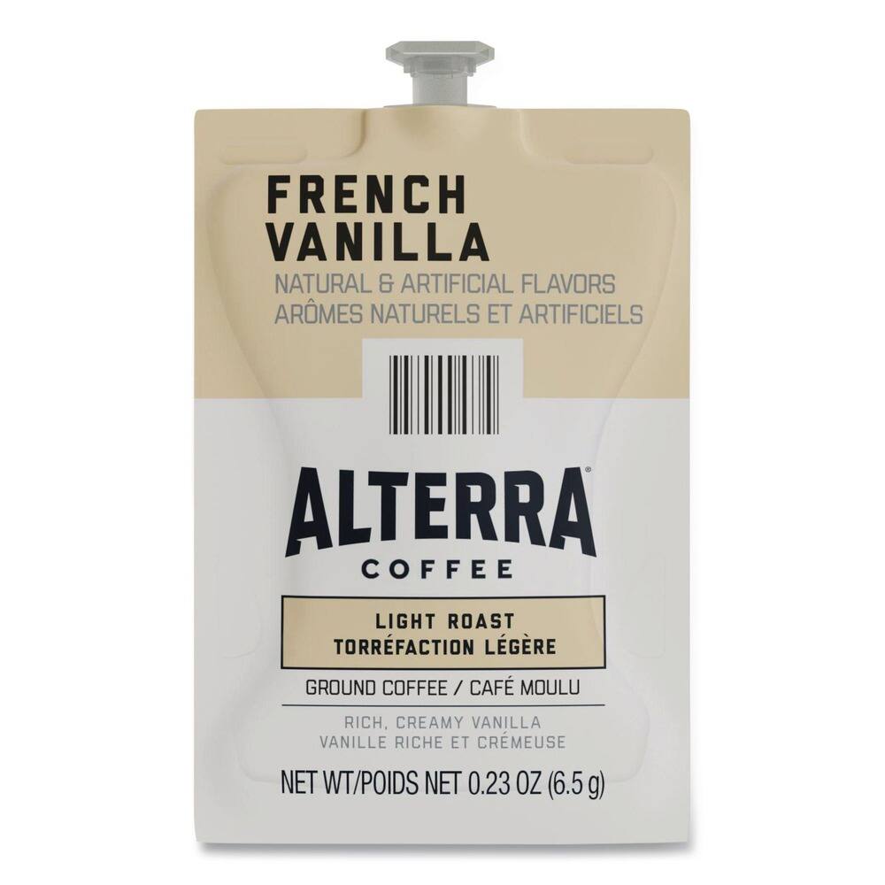 FRENCH VANILLA  
NATURAL & ARTIFICIAL FLAVORS  
ARÔMES NATURELS ET ARTIFICIELS  

ALTERRA COFFEE  
LIGHT ROAST  
TORREFACTION LÉGÈRE  

GROUND COFFEE / CAFÉ MOULU  
RICH, CREAMY VANILLA / VANILLE RICHE ET CRÉMEUSE  

NET WT/POIDS NET 0.23 OZ (6.5 g)