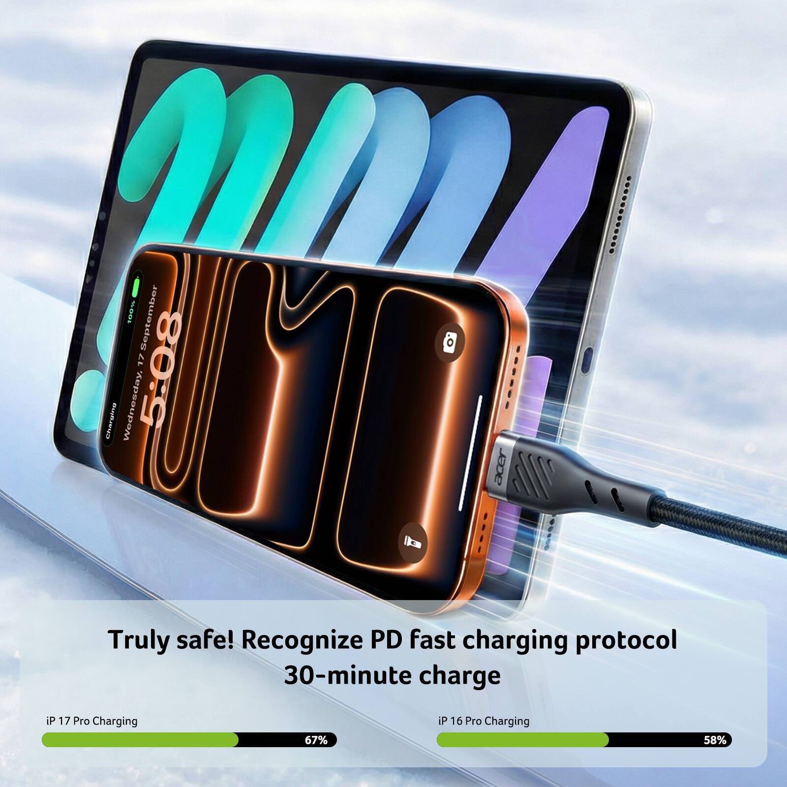 TU0 September 5:08 17 Charging Wednesday, acer ..........  Truly safe! Recognize PD fast charging protocol 30-minute charge iP 17 Pro Charging 67% iP 16 Pro Charging 58%