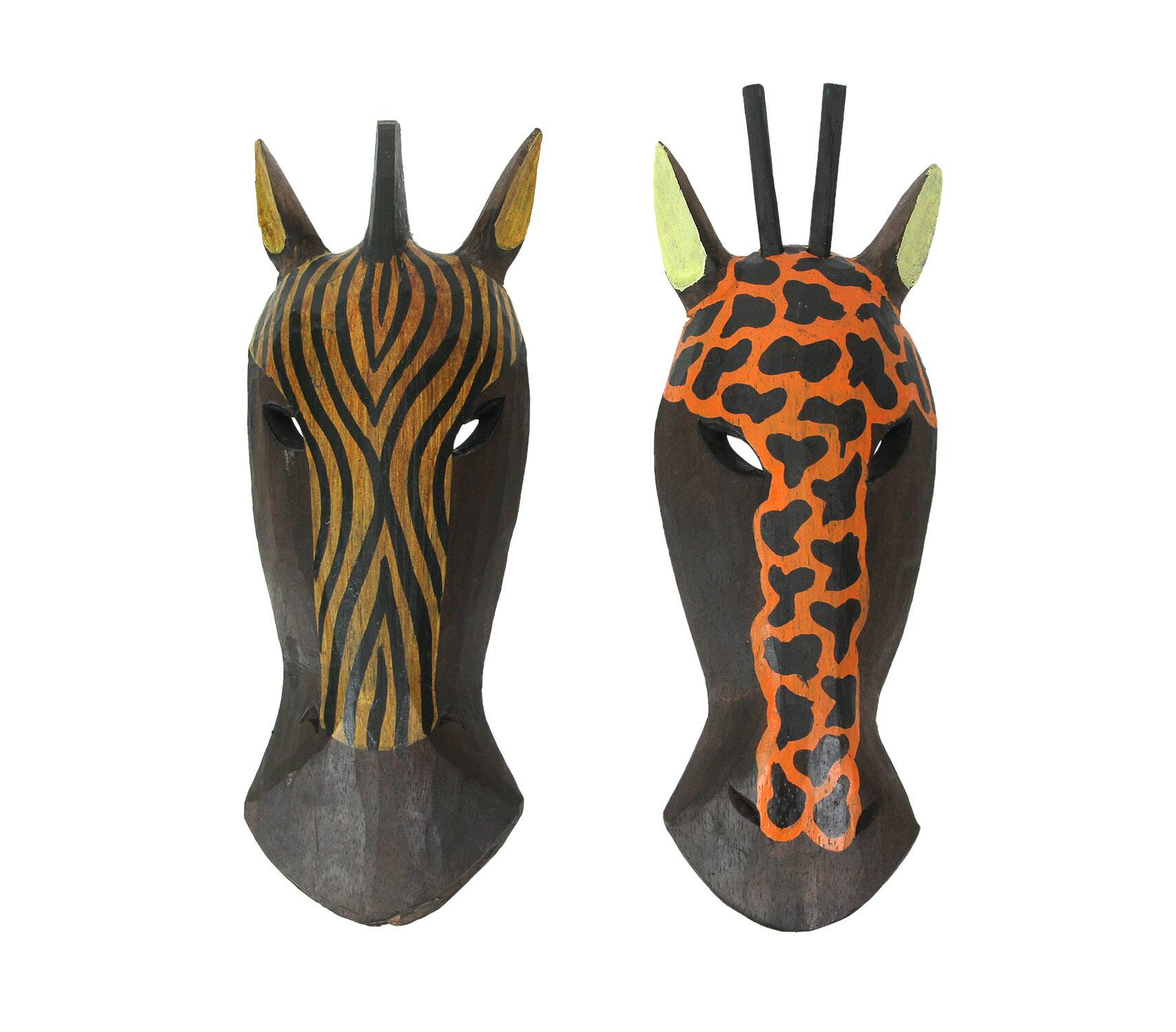 Front. Zeckos - Set of 2 Zebra and Giraffe Mask Wall Hangings – Safari Decor, 12 Inches High - Brown.
