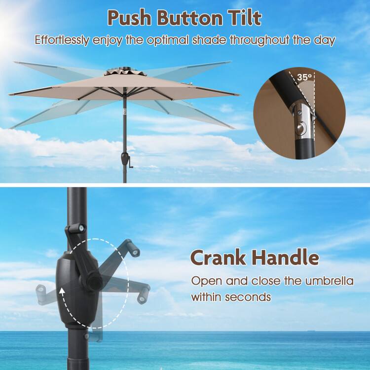 Push Button Tilt  
Effortlessly enjoy the optimal shade throughout the day

Crank Handle  
Open and close the umbrella within seconds